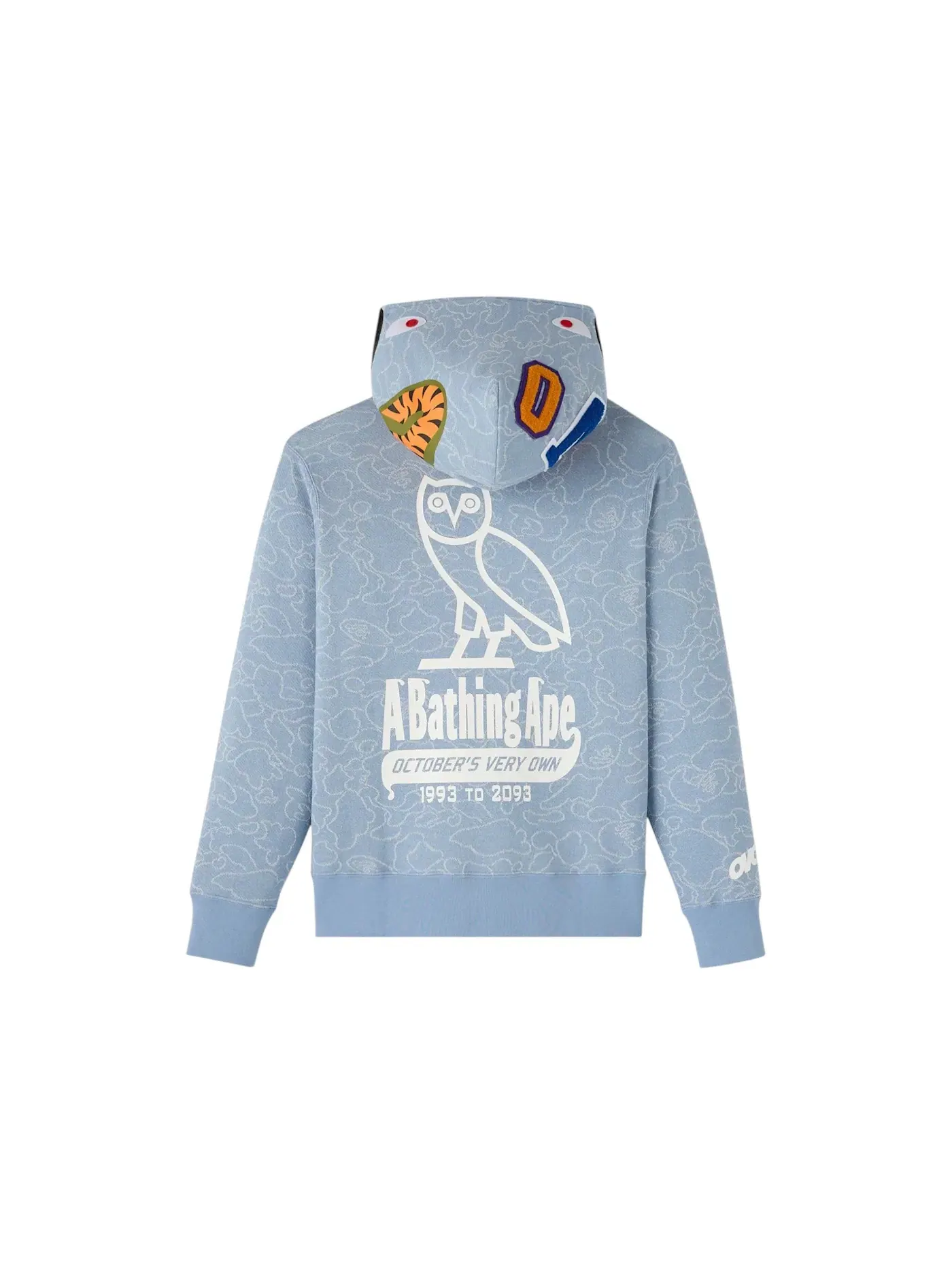 Мужская худи с принтом OVO x BAPE Neon 1st Camo Shark Full Zip Hoodie Light Indigo — изображение 2 из 2, светлый индиго