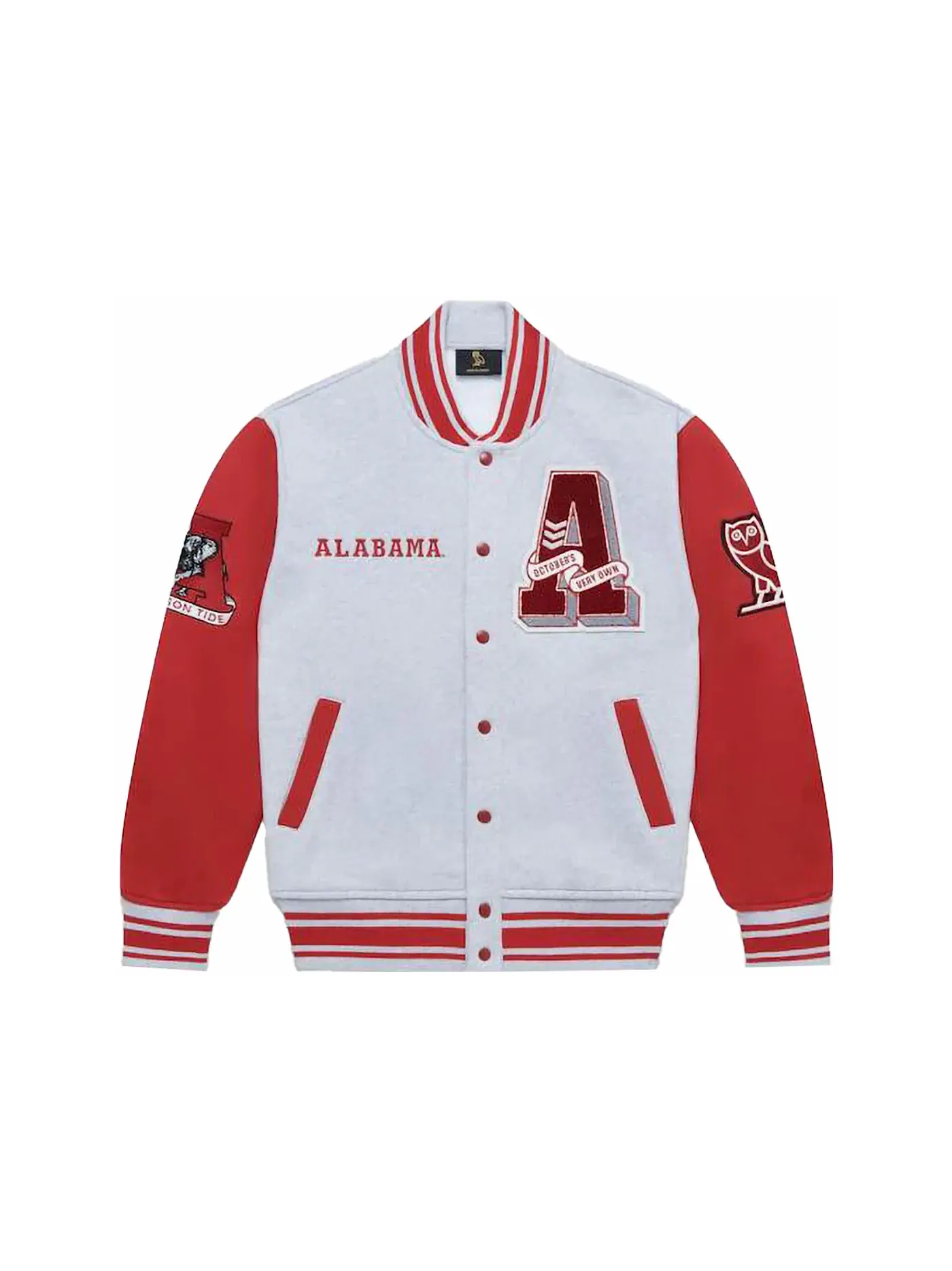 Мужская куртка-бомбер с принтом OVO x NCAA Alabama Crimson Tide Fleece Varsity Jacket Heather Grey — изображение 1 из 2