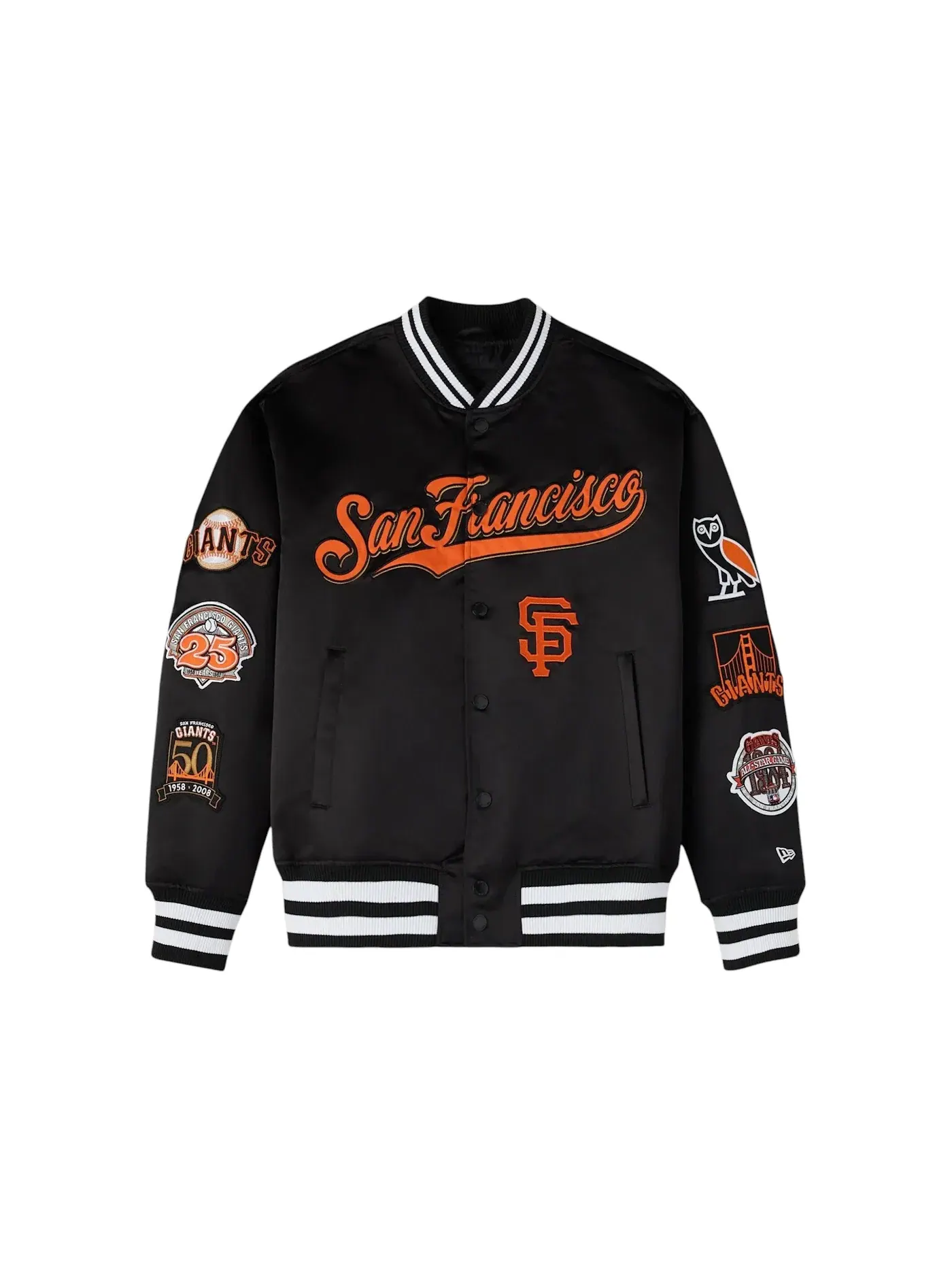Мужская куртка-бомбер с принтом OVO x New Era MLB San Francisco Giants Varsity Jacket OVO — изображение 1 из 2, черный