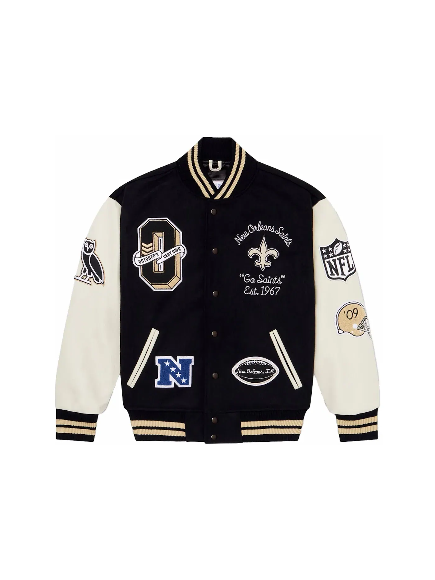 Мужская куртка-бомбер с принтом OVO NFL New Orleans Saints Varsity Jacket OVO — изображение 1 из 2, черный