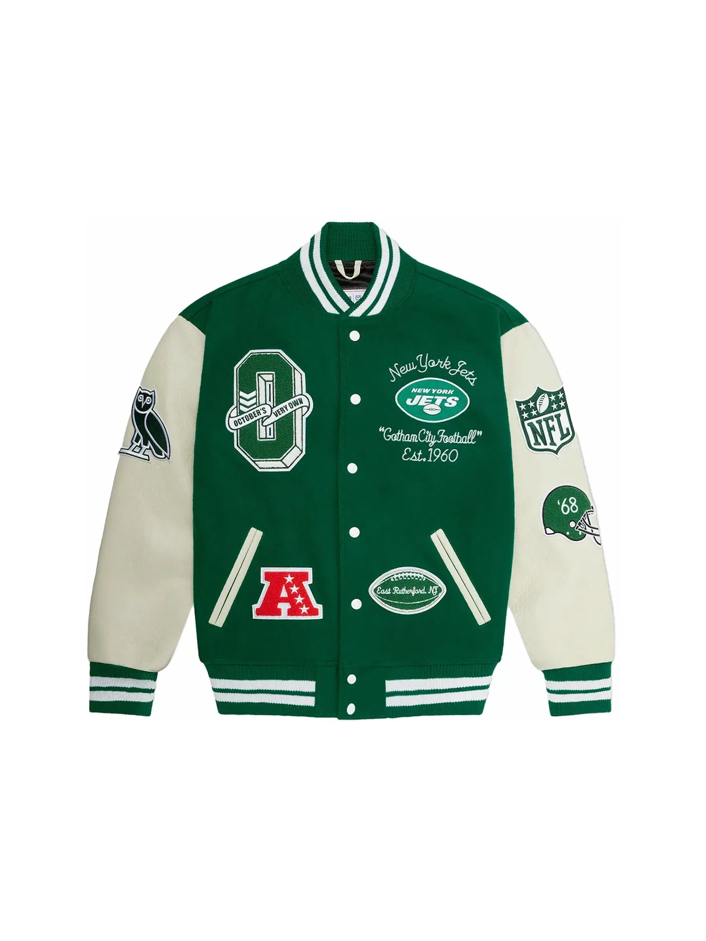 Мужская куртка-бомбер OVO x NFL New York Jets Varsity Jacket — изображение 1 из 2, зеленый
