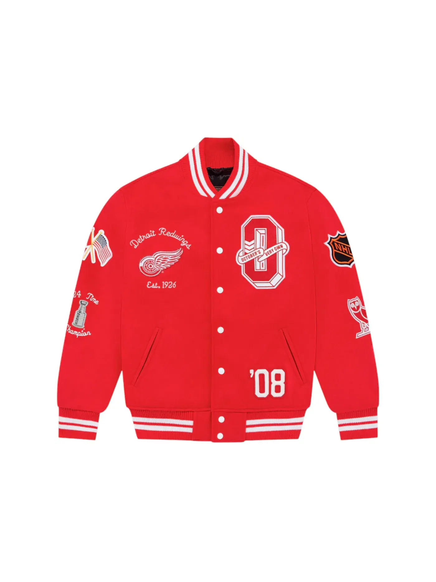 Мужская бомбер-куртка с принтом OVO Detroit Red Wings Varsity Jacket — изображение 1 из 2, красный