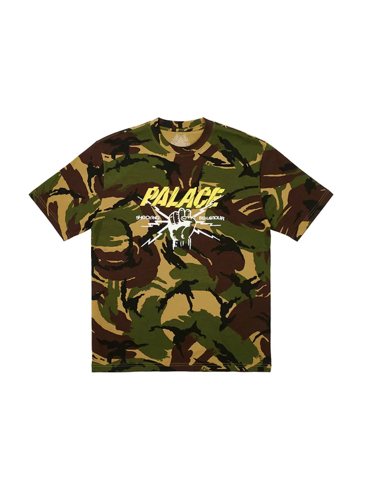 Мужская футболка с принтом Palace Shocking Behaviour T-Shirt Woodland Camo, Woodland Camo — изображение 1 из 1