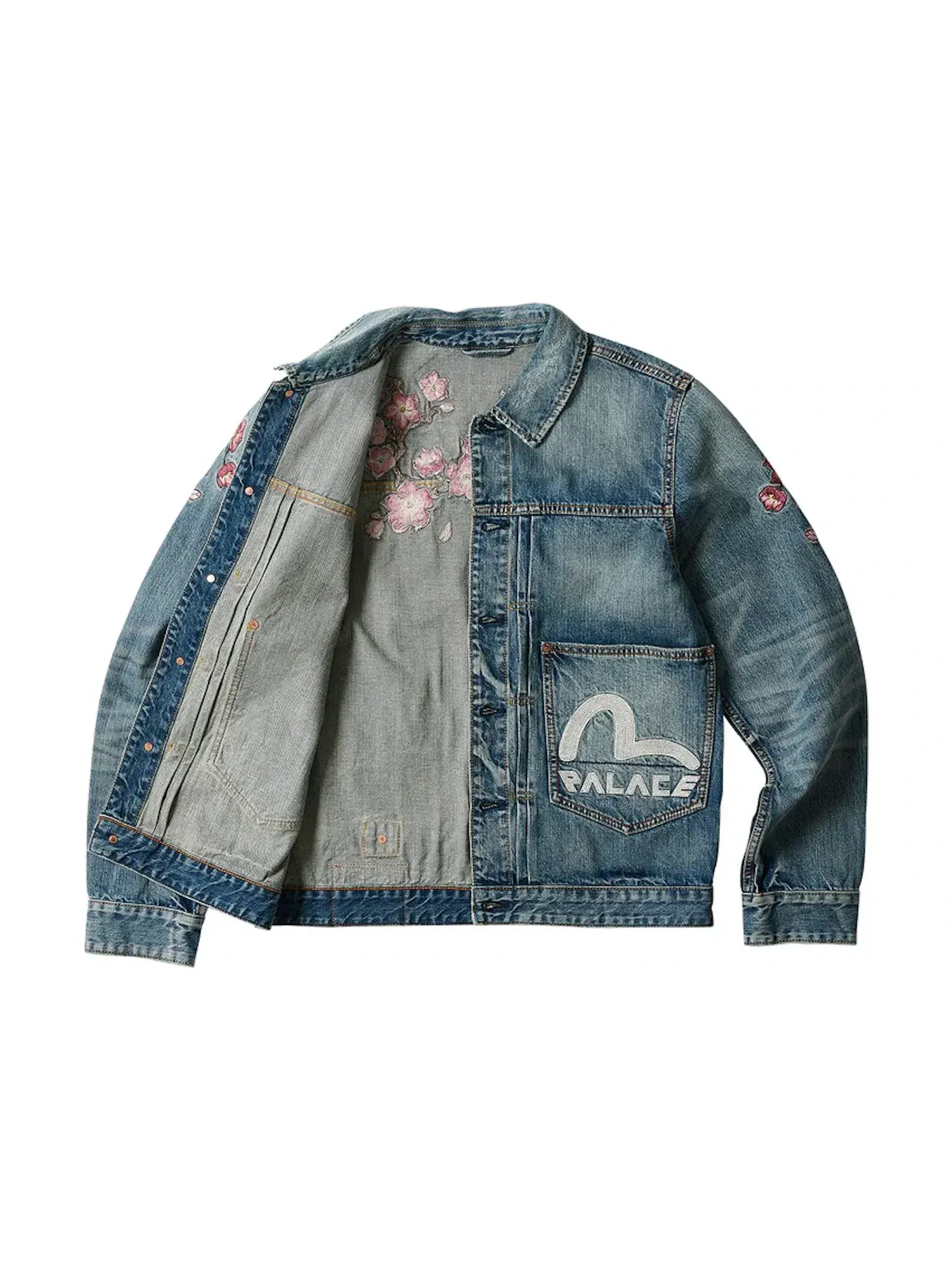 Мужская джинсовая куртка Palace x Evisu Type One Denim Jacket, Stone Wash — изображение 2 из 3