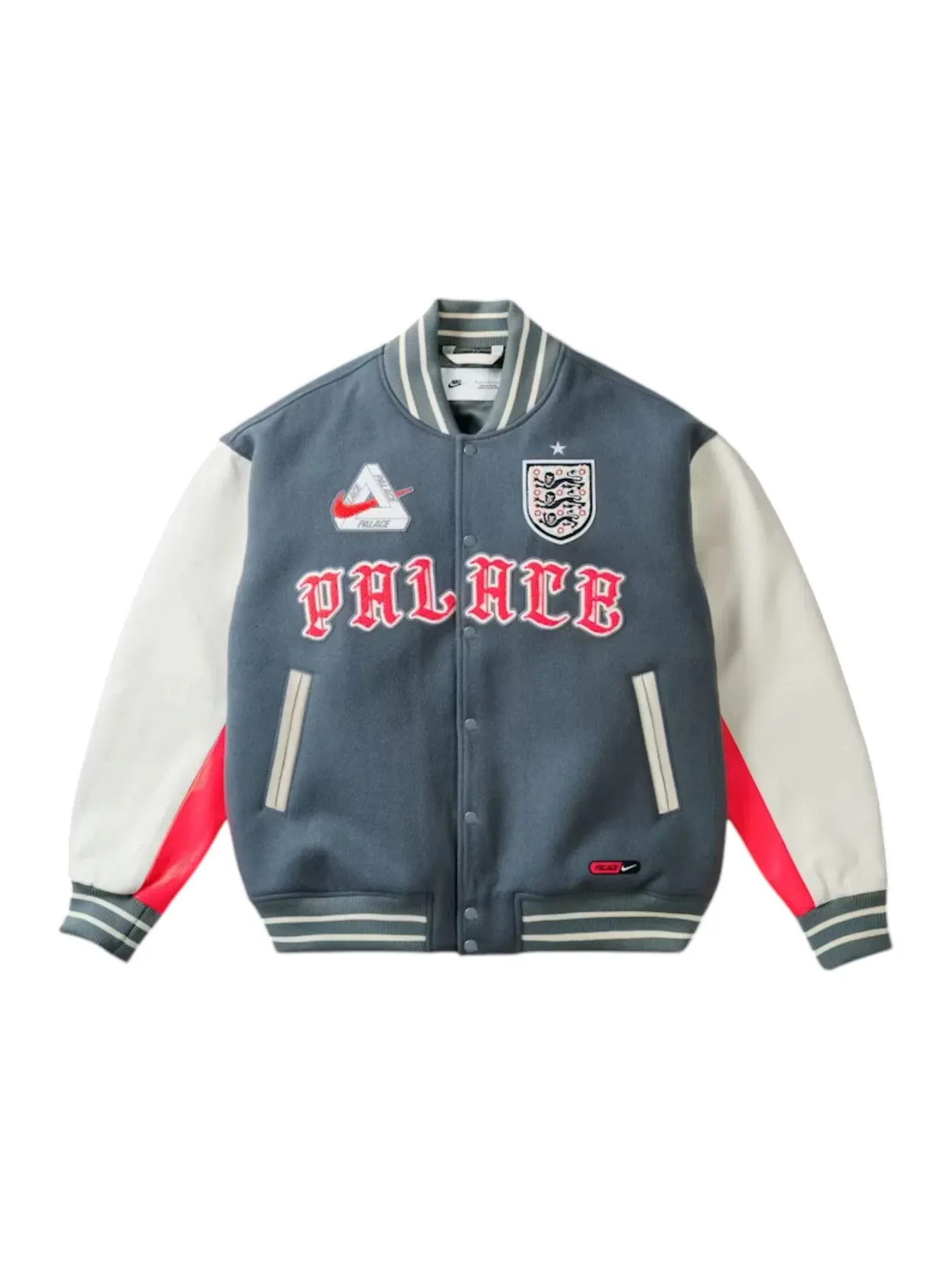 Мужская куртка-бомбер из кожи и шерсти Palace x Nike England Varsity Jacket — изображение 1 из 1, серый/белый/яркий