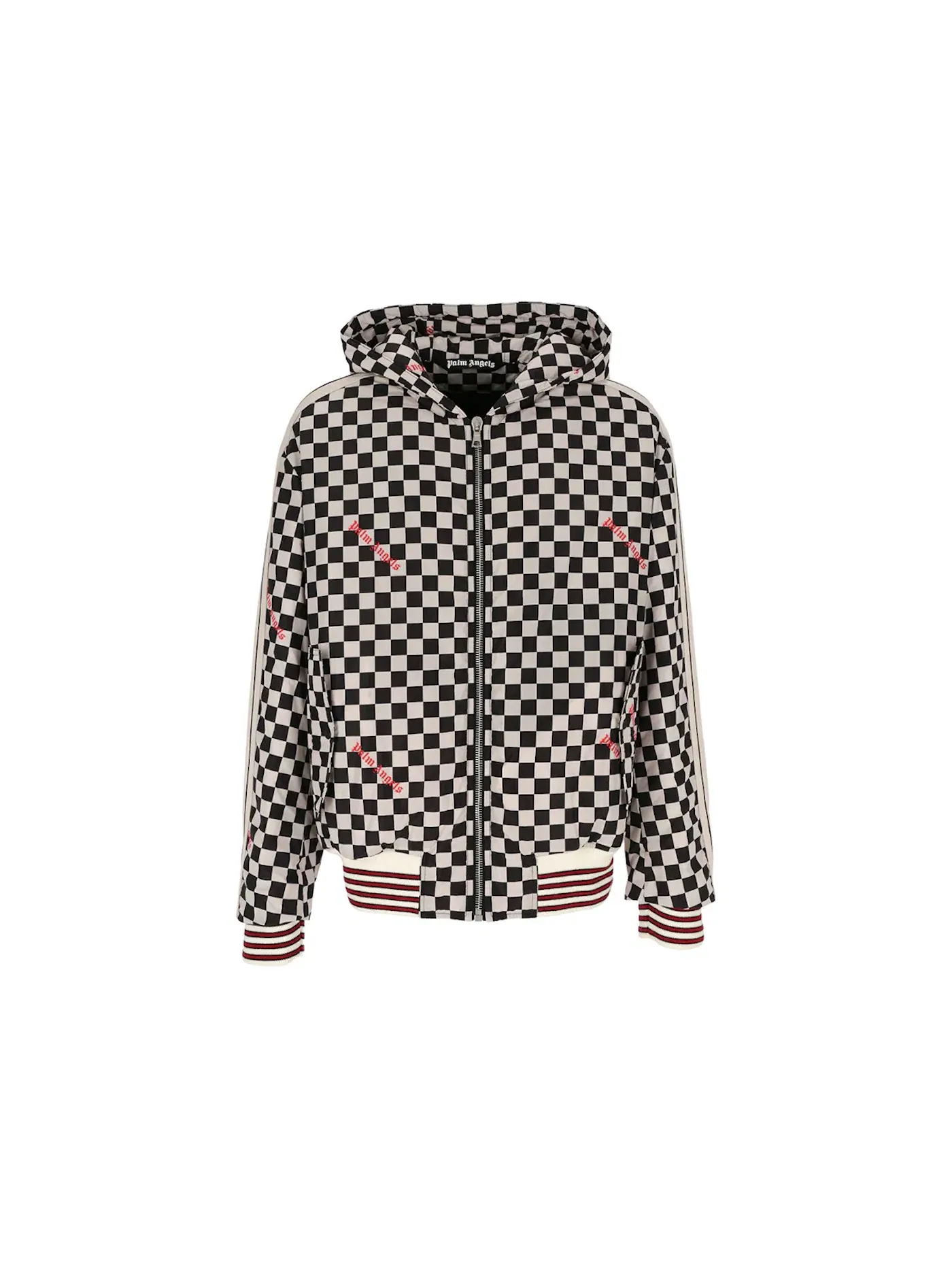 Мужская куртка пуховик с капюшоном Damier Puffed Hooded Jacket Palm Angels — изображение 1 из 2, черный/красный