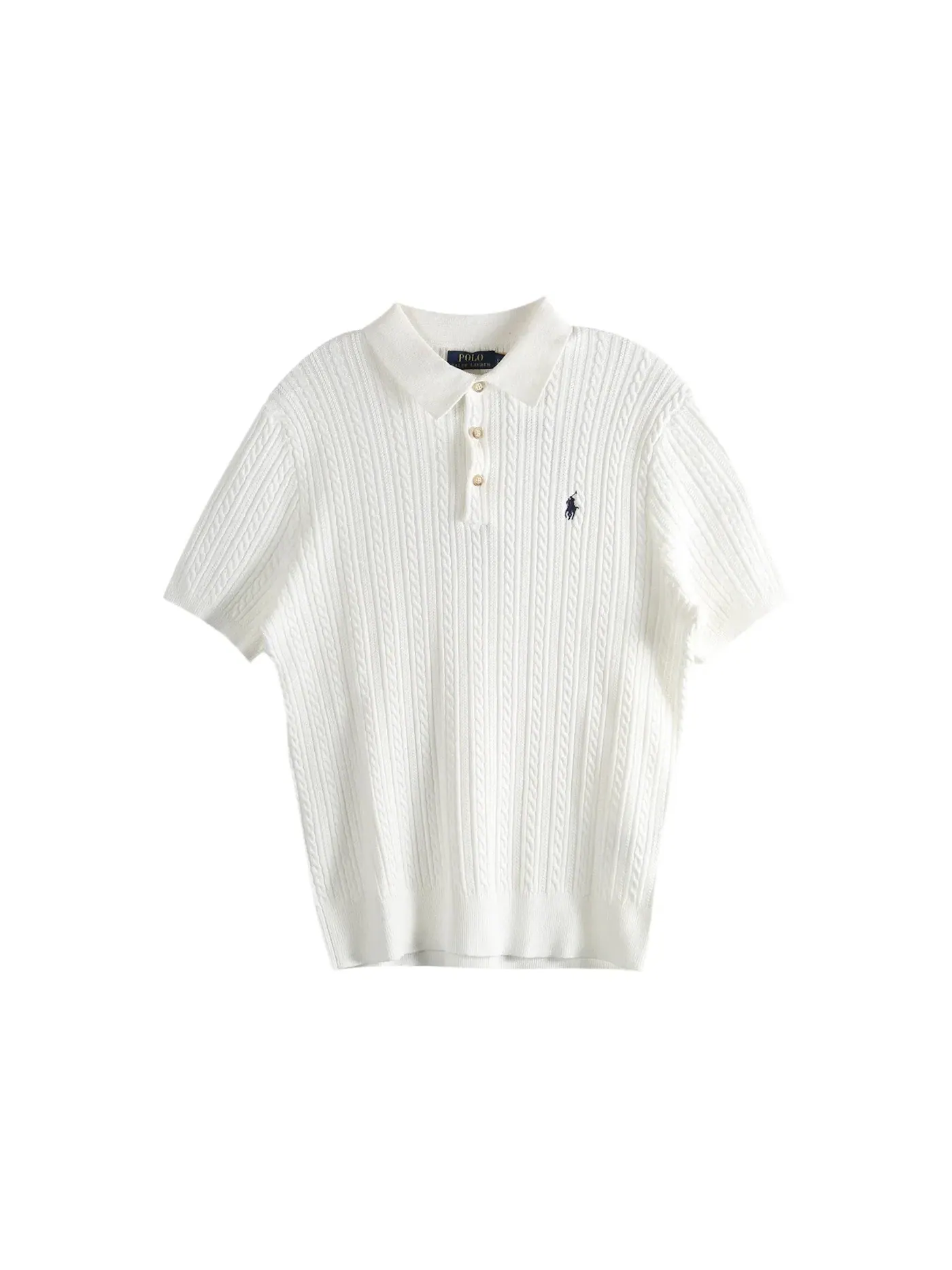 Мужской свитер с коротким рукавом Featherweight Cable Knit Polo Ralph Lauren — изображение 1 из 1, белый/темно-синий