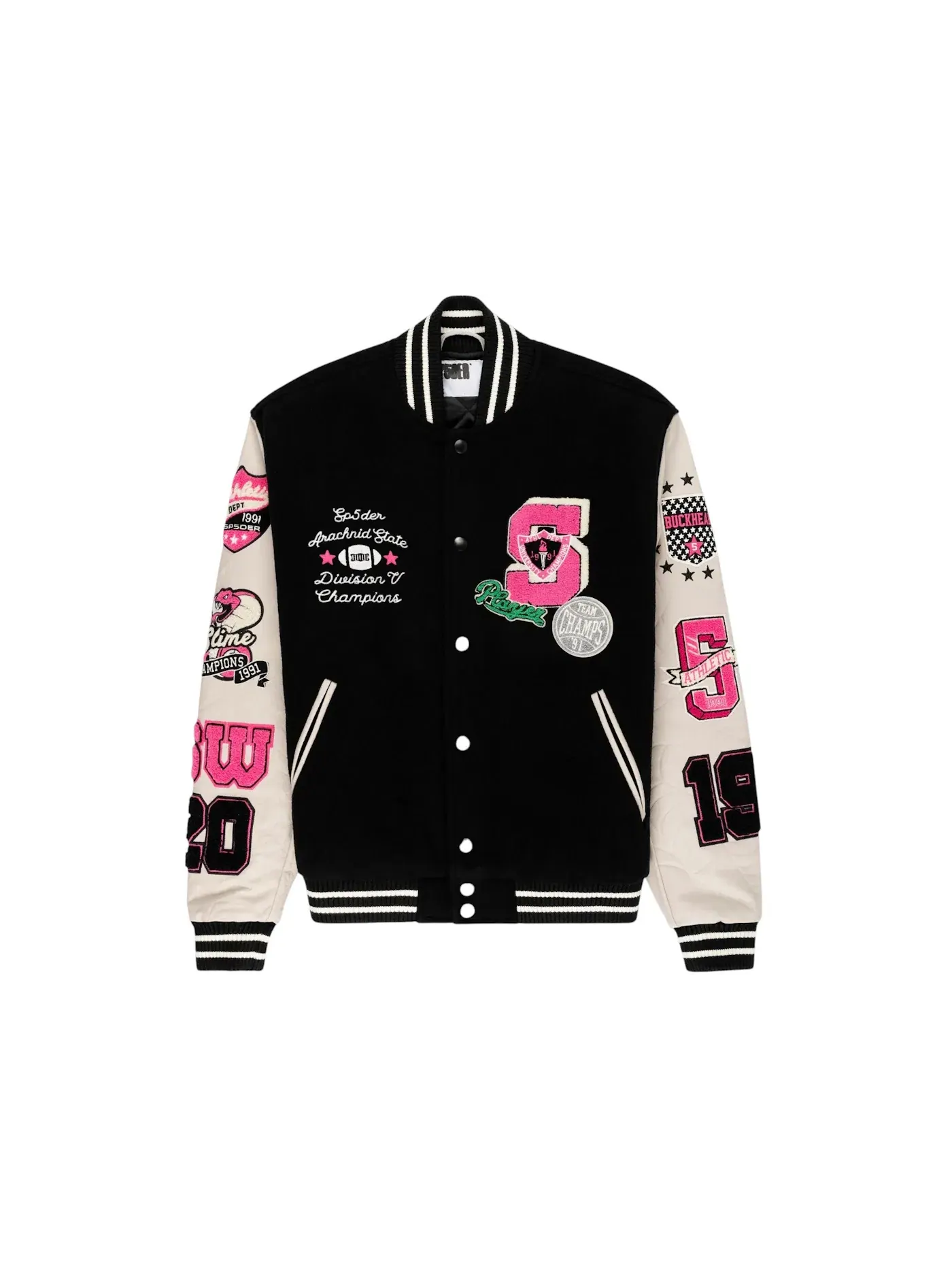 Унисекс-куртка с принтом Sp5der Division 5 Varsity Jacket — изображение 1 из 2, черный