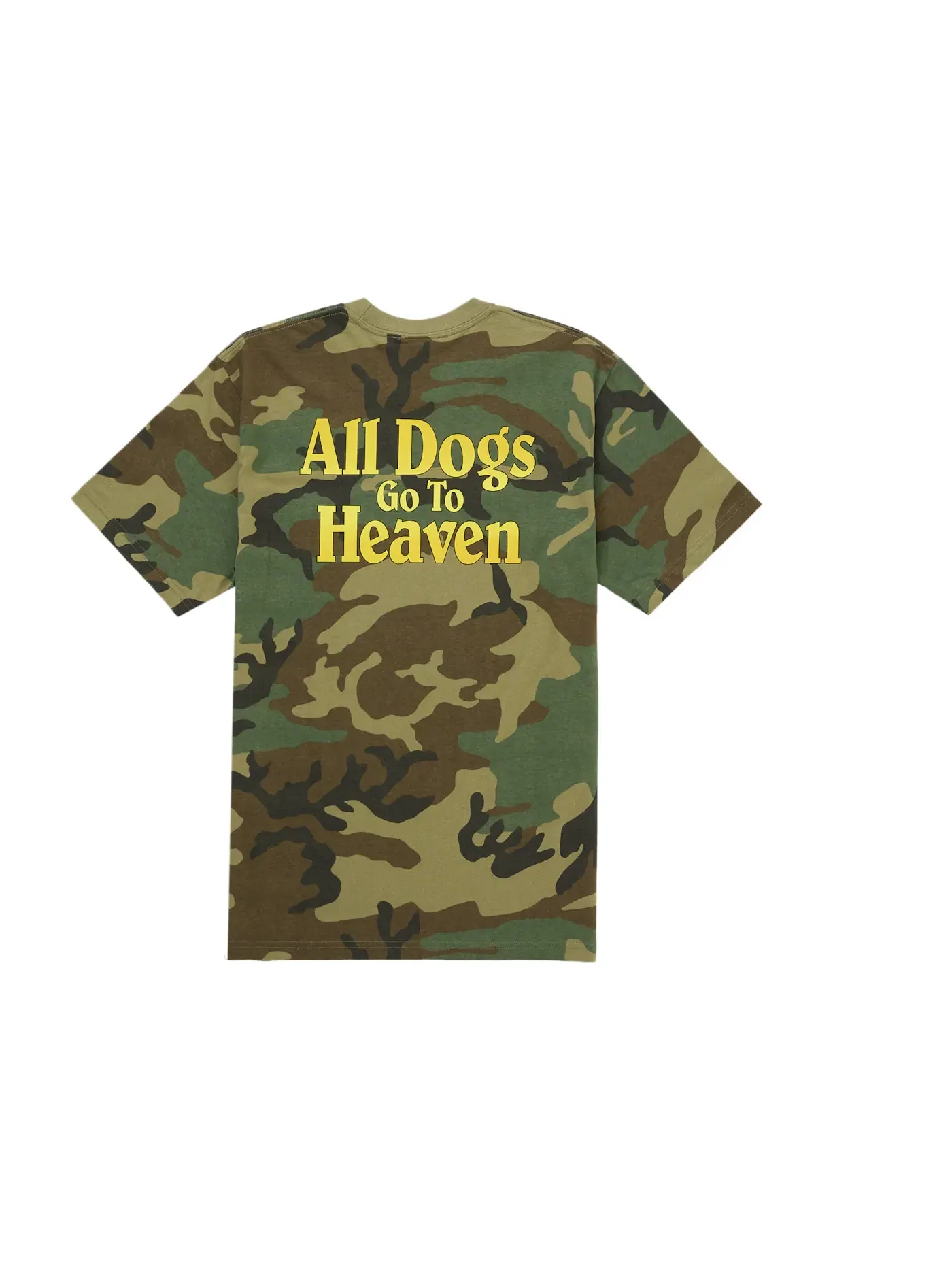 Мужская футболка с принтом Supreme All Dogs Go To Heaven Tee, Woodland Camo — изображение 2 из 2