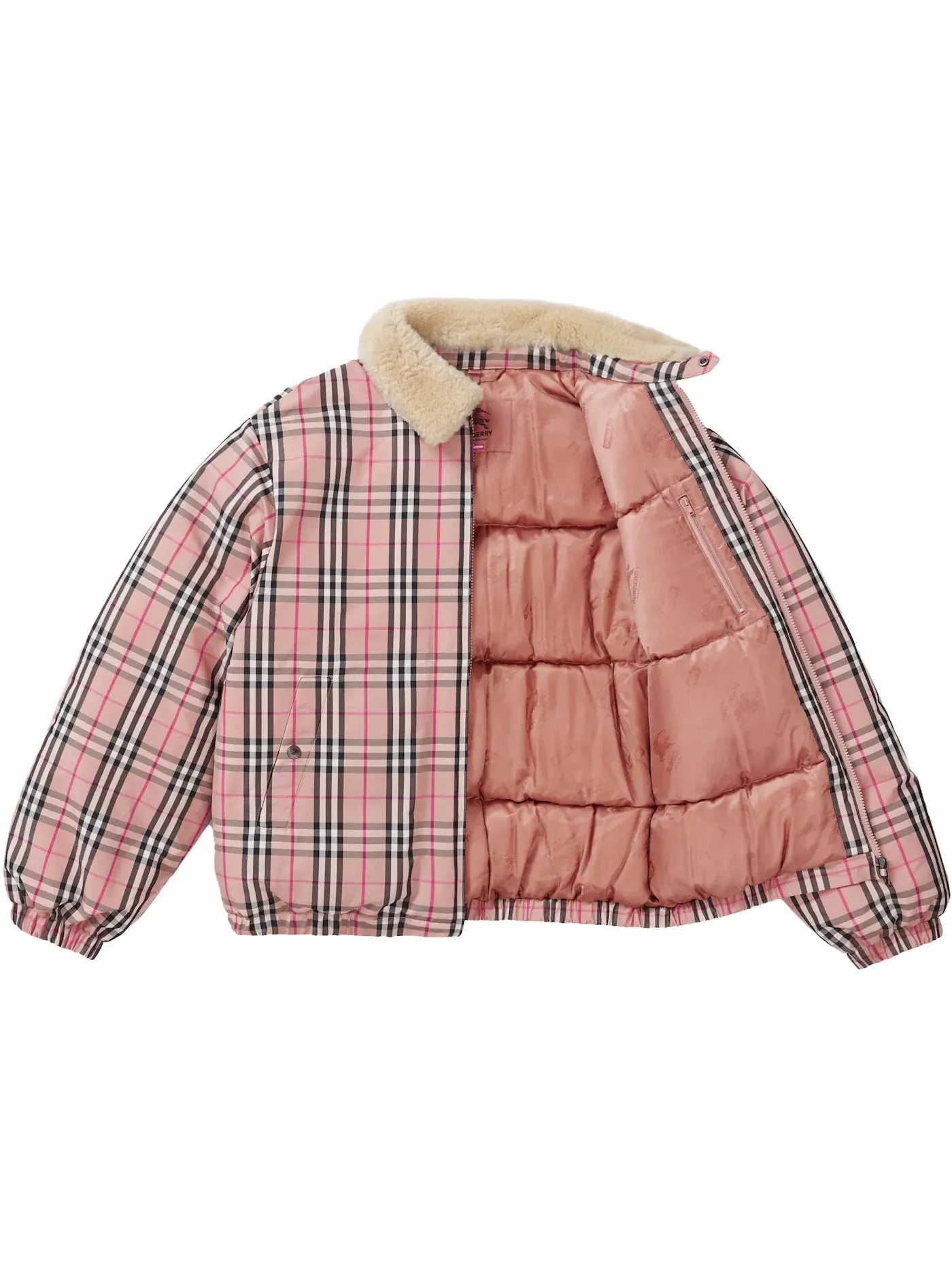 Мужская пуховая куртка с воротником из овчины Shearling Supreme Burberry — изображение 2 из 3, розовый
