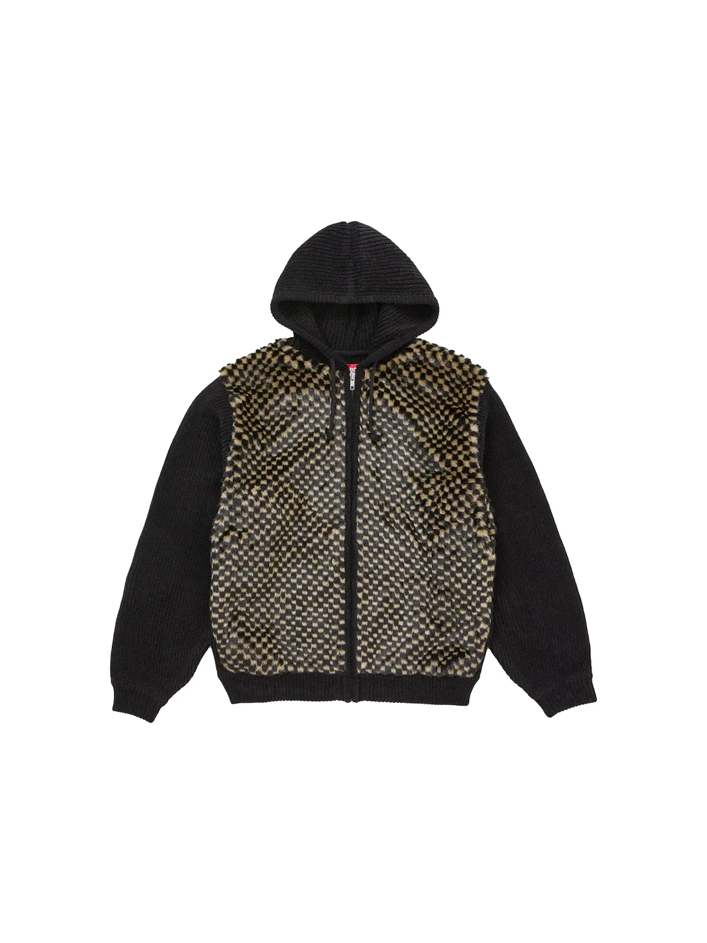 Мужской свитер с принтом Supreme Checkerboard Faux Fur Zip Up Hooded Sweater — изображение 1 из 2, черный