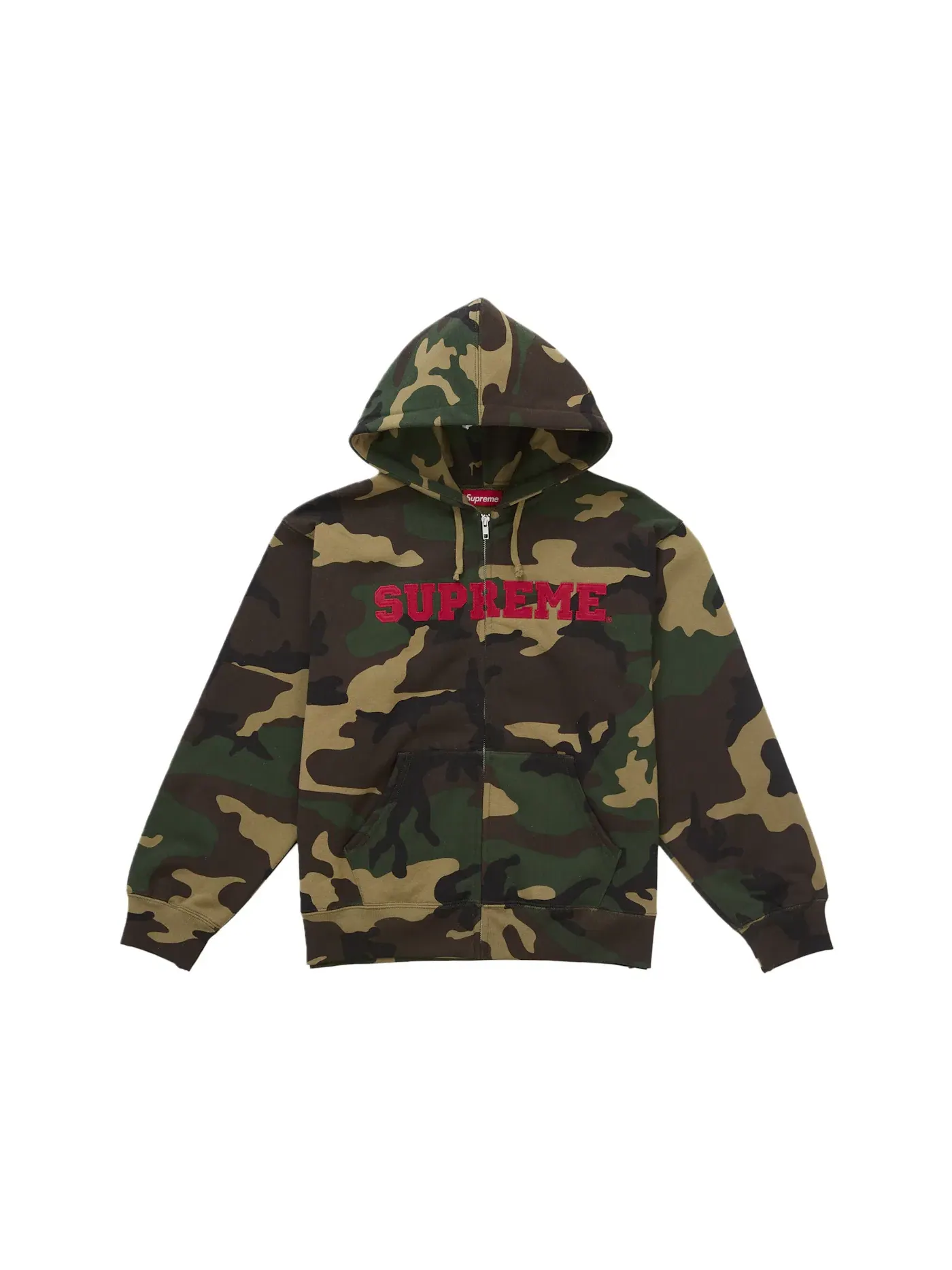 Мужская худи с принтом Supreme Collegiate Applique Zip Up Hooded Sweatshirt Woodland Camo, Woodland Camo — изображение 1 из 1