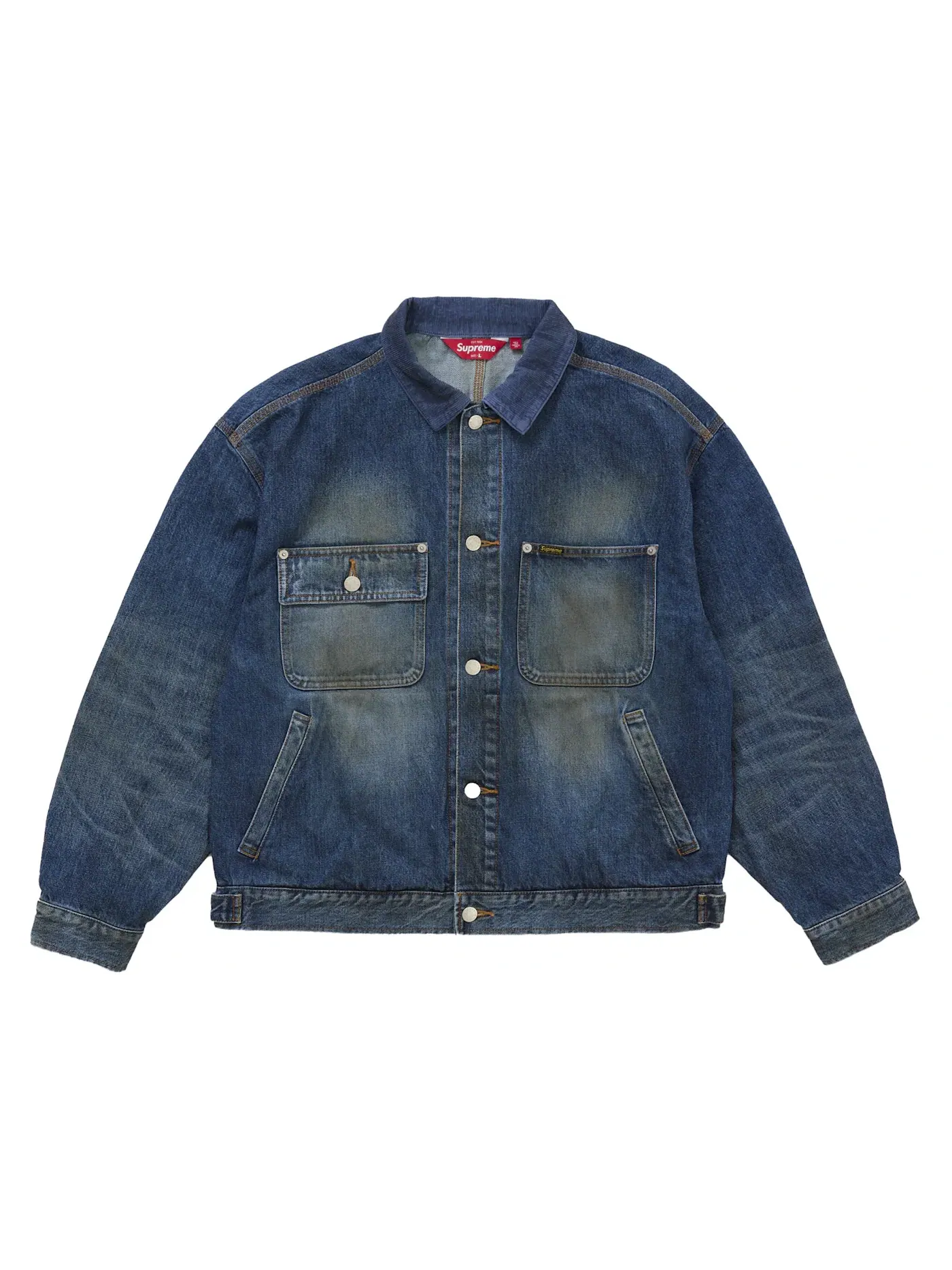Мужская джинсовая куртка с потертостями и селвиджем Supreme Jacket (FW25) — изображение 1 из 1, индиго