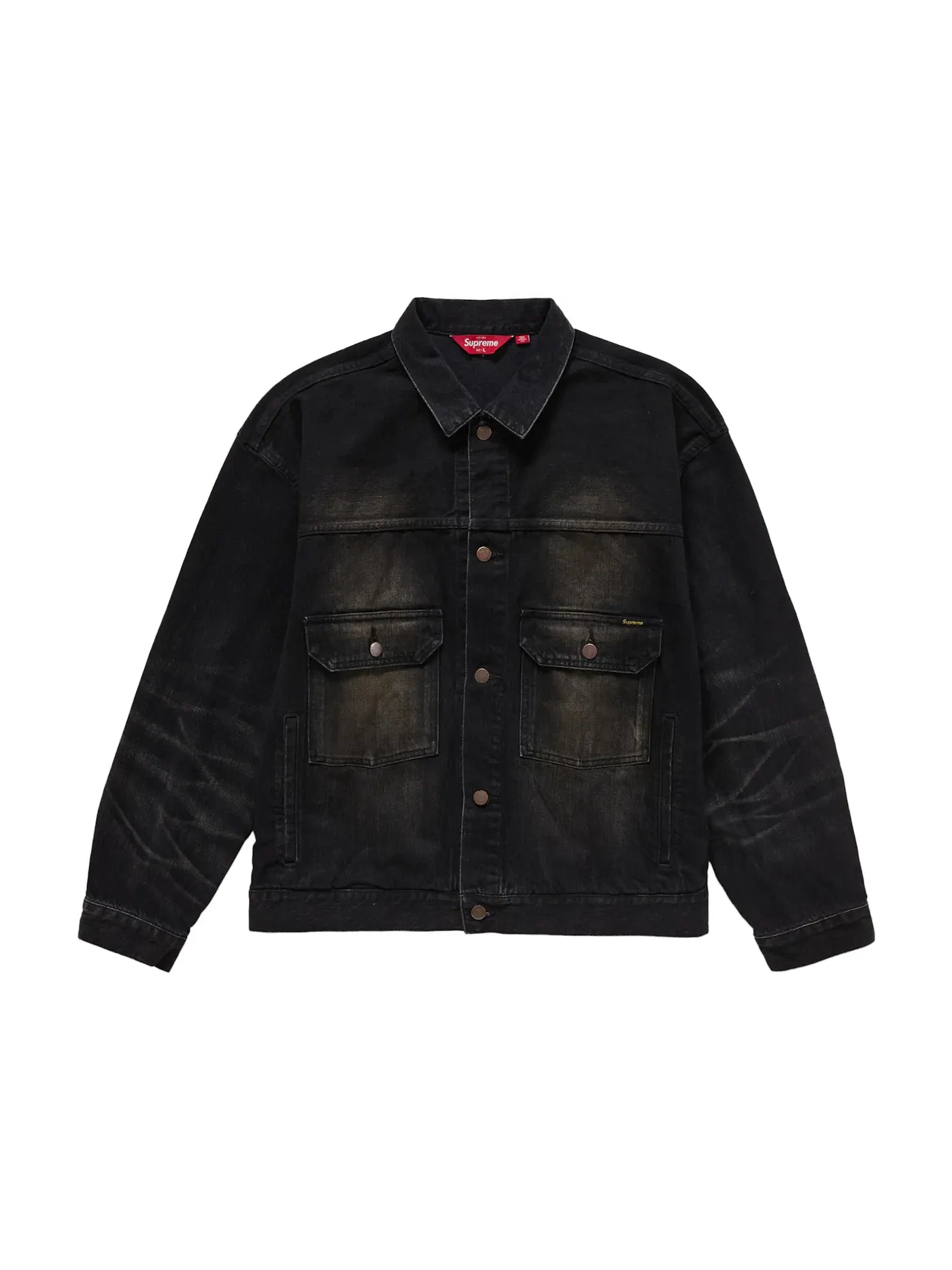 Мужская джинсовая куртка с потертостями Selvedge Trucker Jacket Supreme — изображение 1 из 2, черный