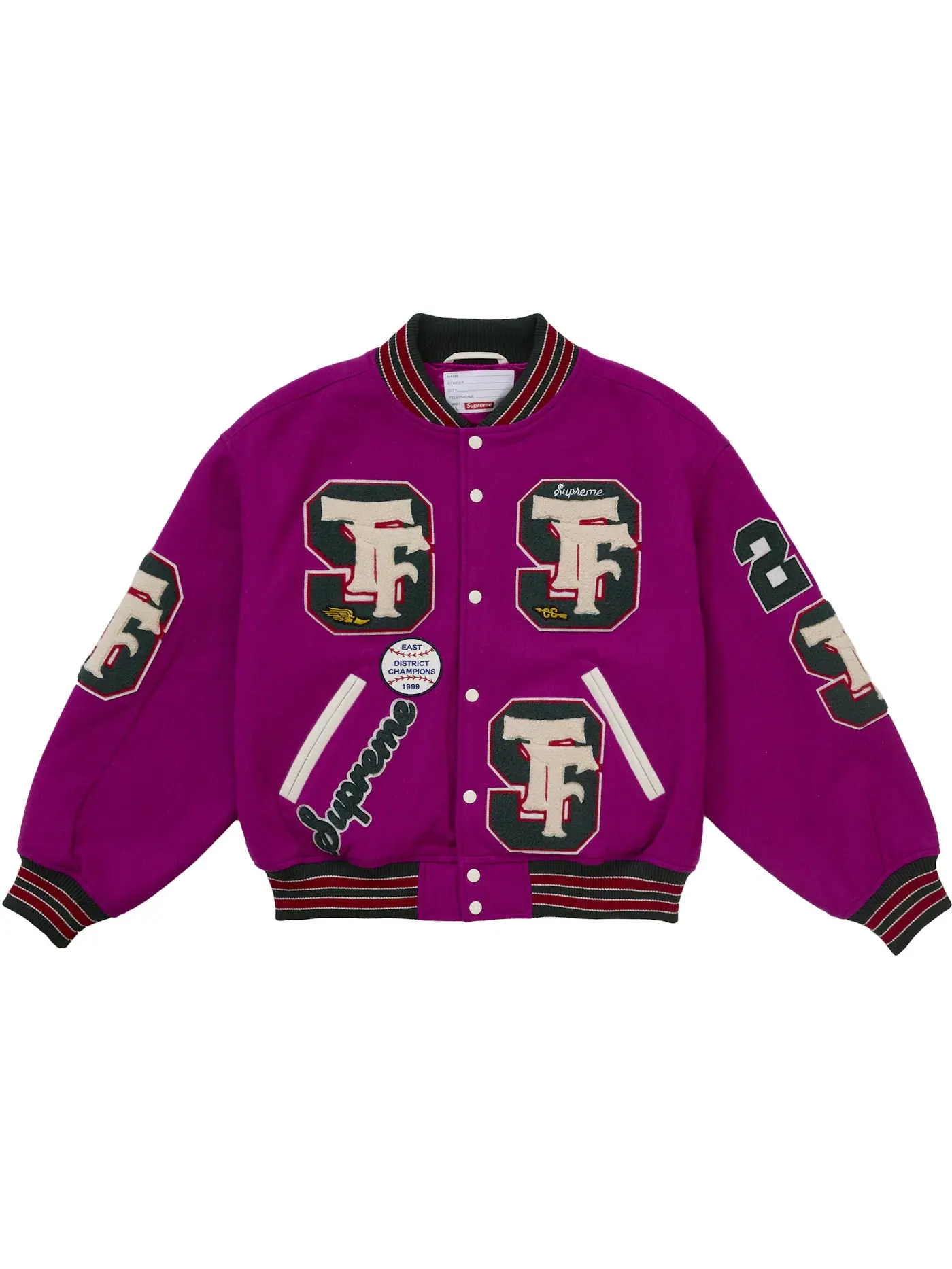Мужская куртка-бомбер с принтом Supreme Drill Team Varsity Jacket Magenta — изображение 1 из 3