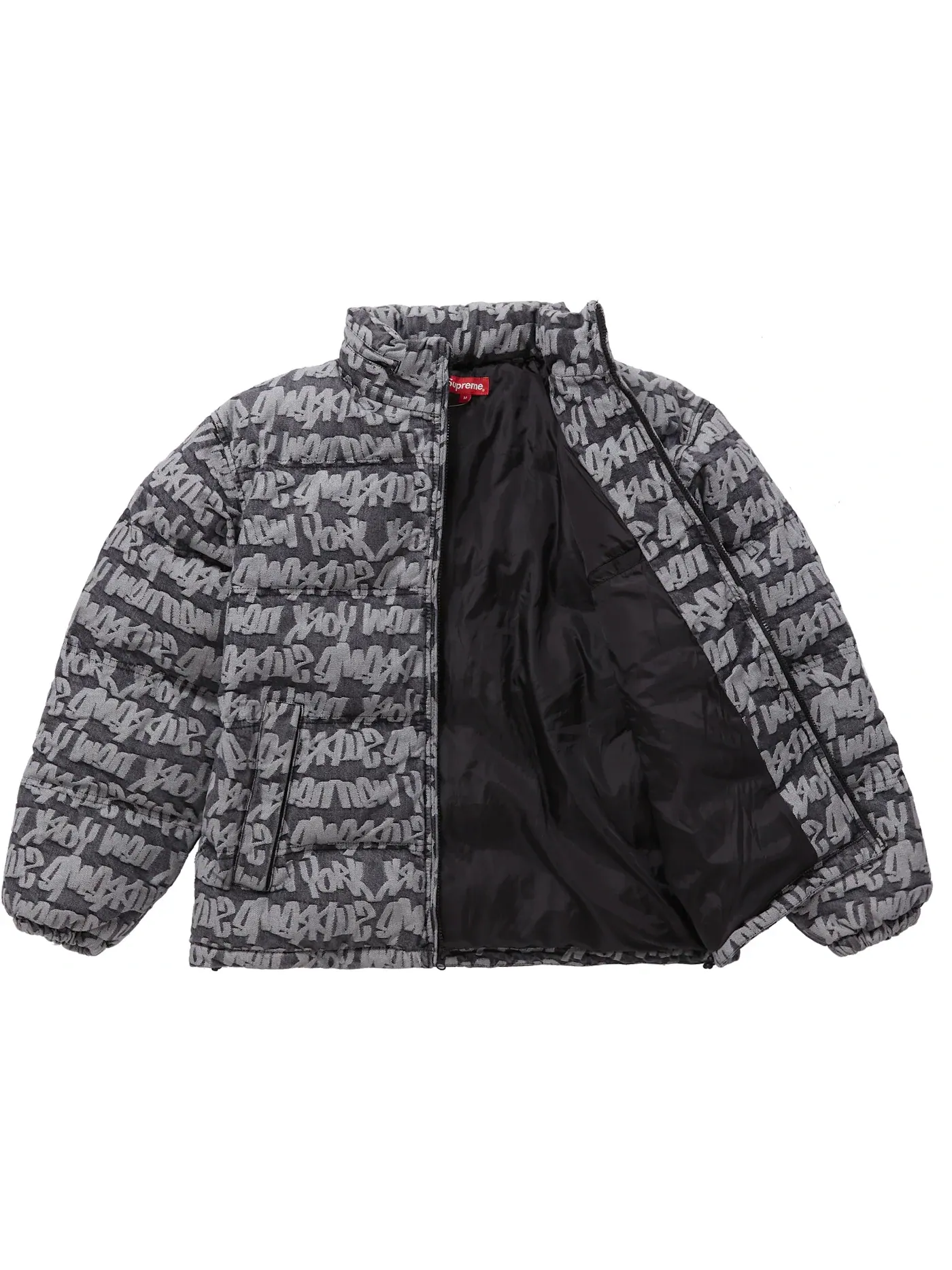 Мужская куртка-пуховик из джинсовой ткани Supreme Fat Tip Jacquard Denim Puffer Jacket — изображение 2 из 3, черный