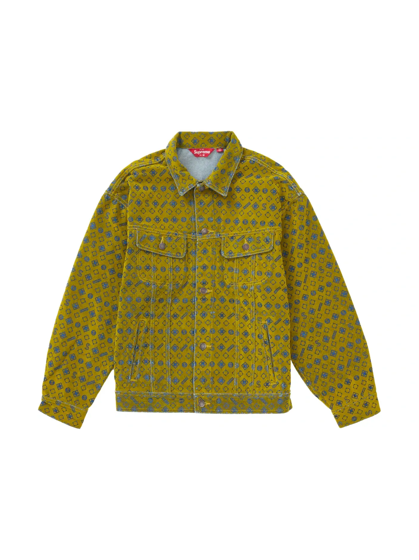 Мужская куртка-тракер из денима с флокированным принтом Supreme Flocked Denim Trucker Jacket — изображение 1 из 2, желтый
