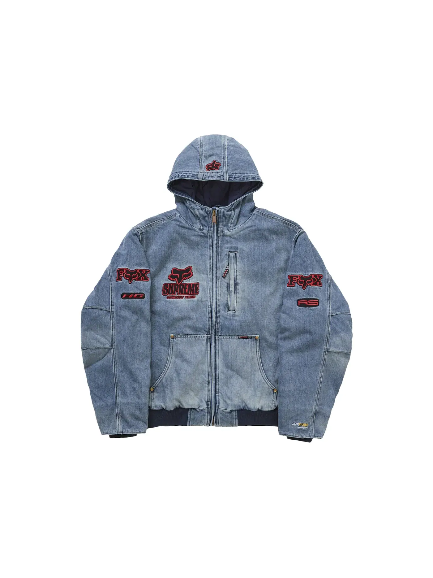 Мужская куртка с капюшоном джинсовая Supreme Fox Racing Jacket — изображение 1 из 3, джинсовый синий