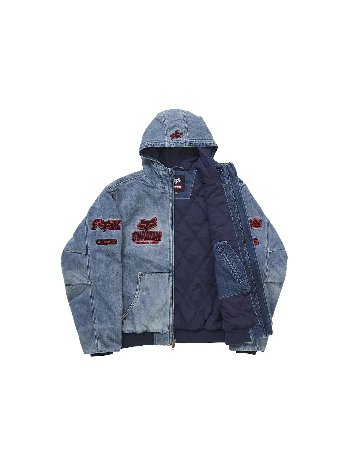Мужская куртка с капюшоном джинсовая Supreme Fox Racing Jacket — изображение 2 из 3, джинсовый синий