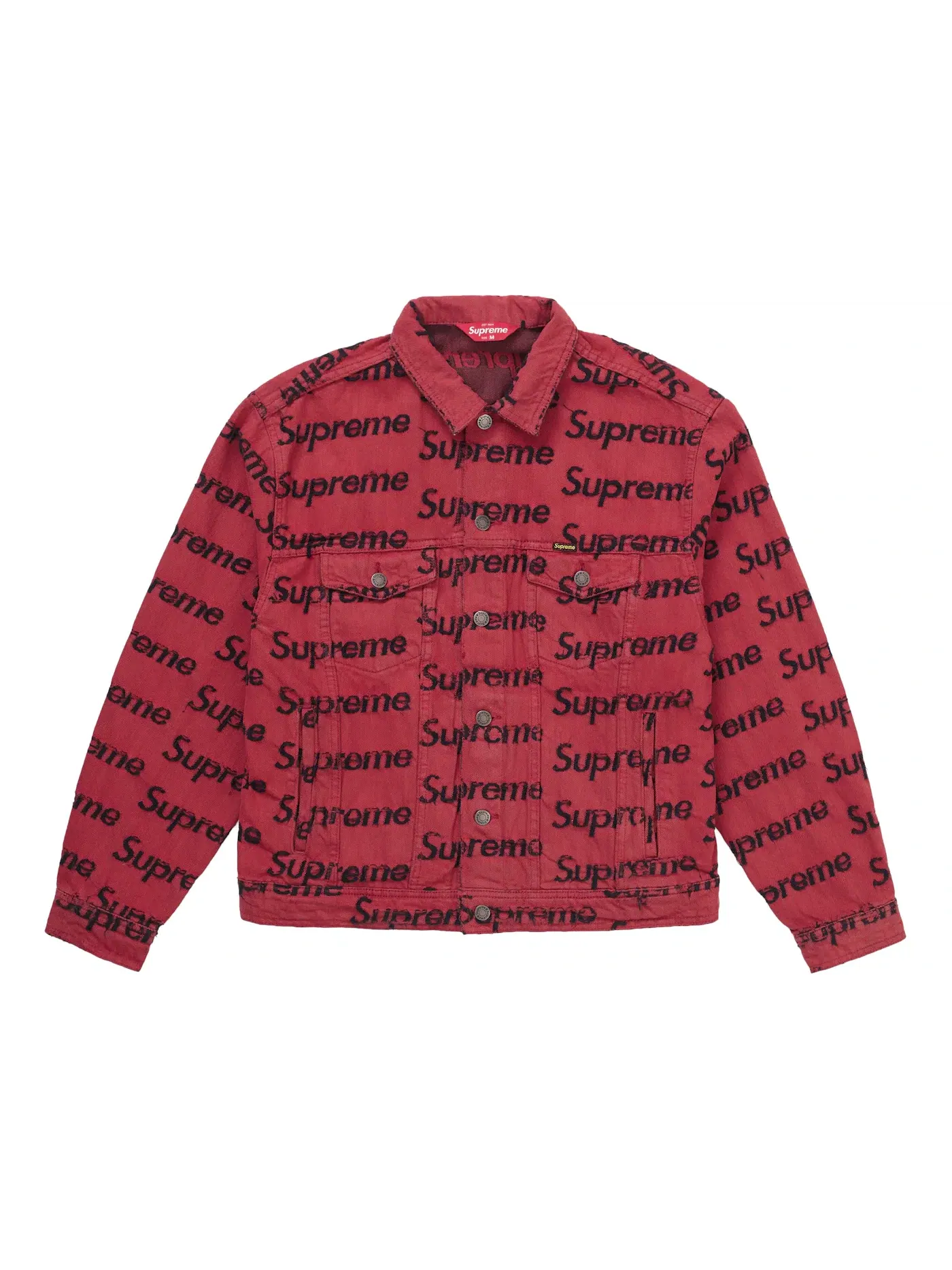 Мужская джинсовая куртка с потертостями Supreme Frayed Logos Denim Trucker Jacket — изображение 1 из 2, красный