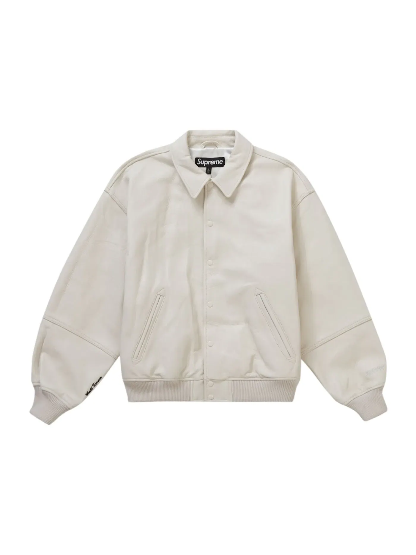 Мужская куртка-бомбер кожаная Supreme GORE-TEX Infinium WINDSTOPPER Leather Varsity Jacket — изображение 1 из 3, белый