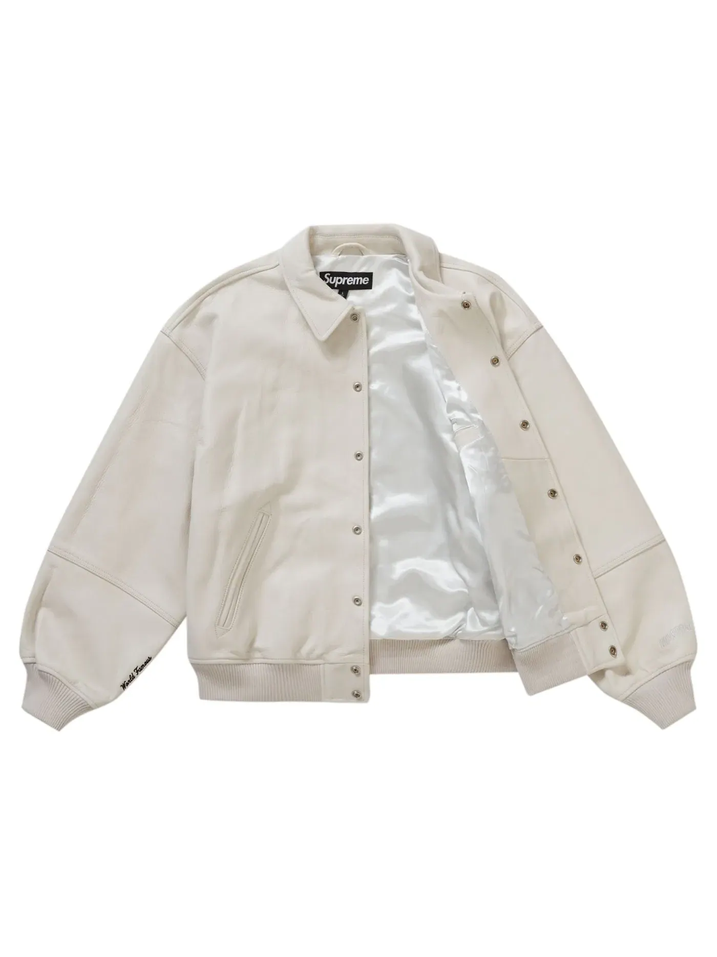 Мужская куртка-бомбер кожаная Supreme GORE-TEX Infinium WINDSTOPPER Leather Varsity Jacket — изображение 2 из 3, белый