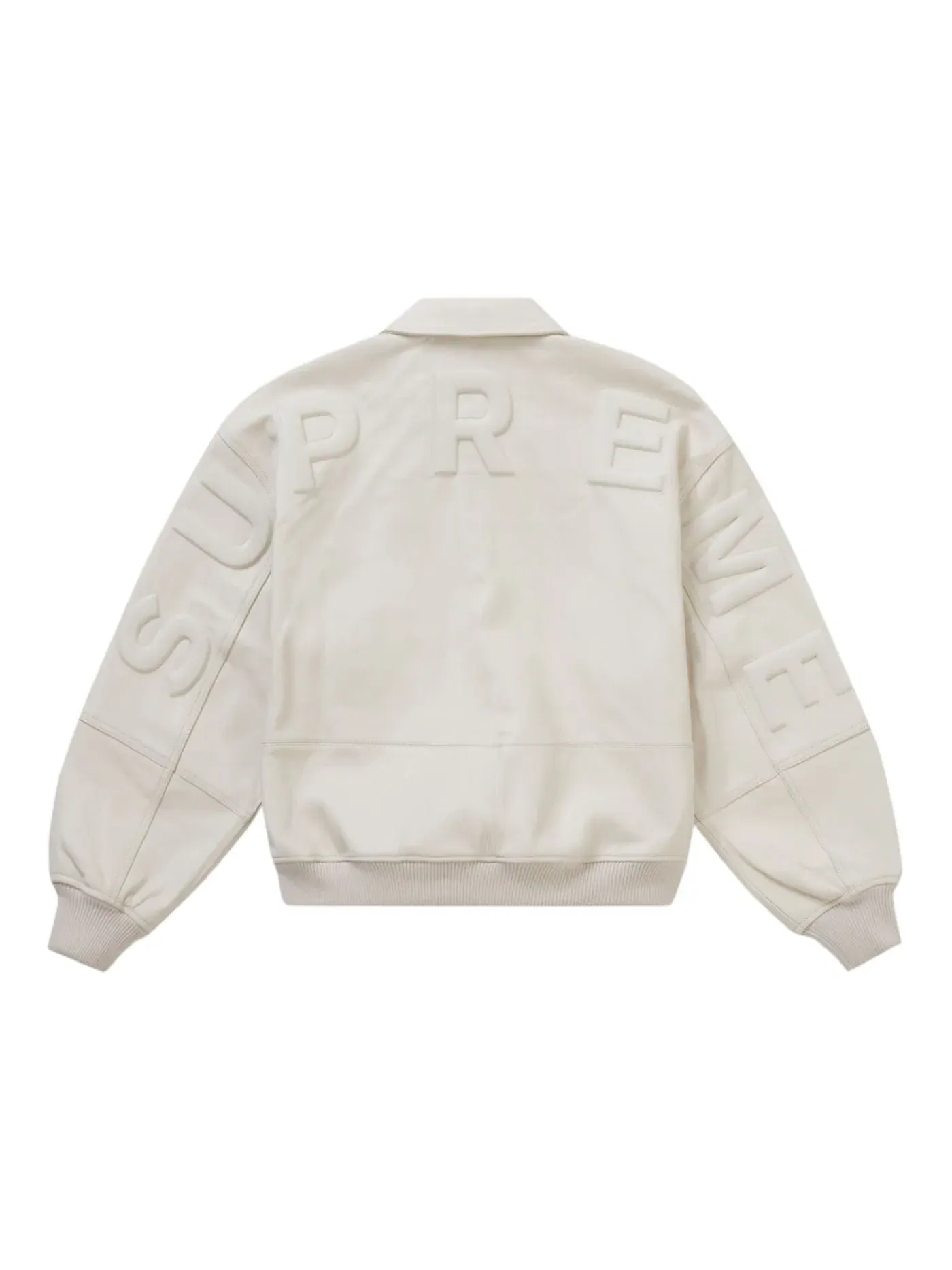 Мужская куртка-бомбер кожаная Supreme GORE-TEX Infinium WINDSTOPPER Leather Varsity Jacket — изображение 3 из 3, белый