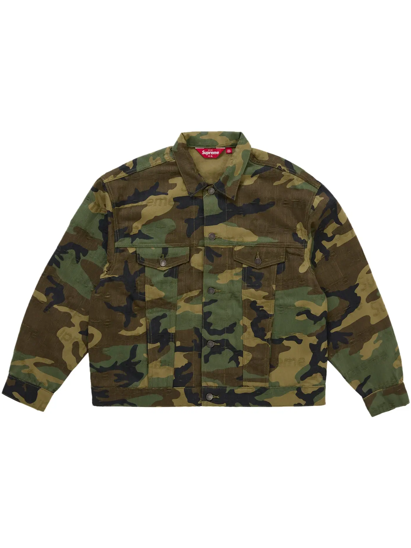 Мужская джинсовая куртка-тракер с жаккардовыми логотипами Supreme, Woodland Camo — изображение 1 из 2