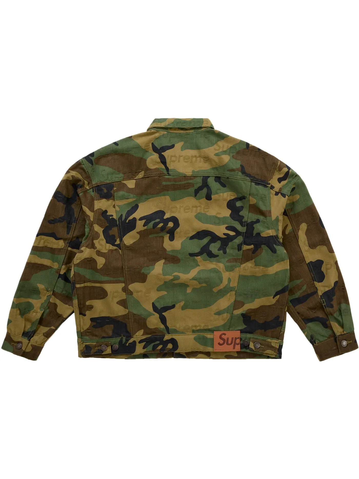 Мужская джинсовая куртка-тракер с жаккардовыми логотипами Supreme, Woodland Camo — изображение 2 из 2