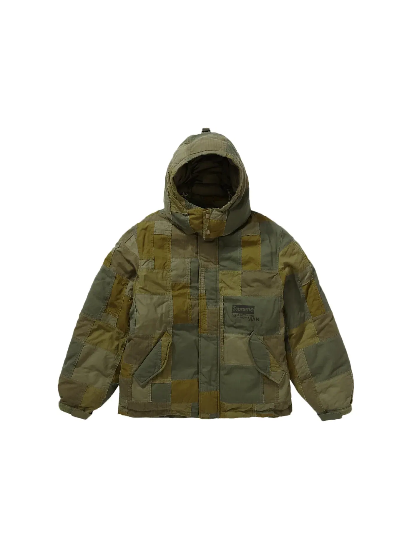 Мужская куртка с принтом Patchwork Puffy Jacket Supreme — изображение 1 из 4, оливковый
