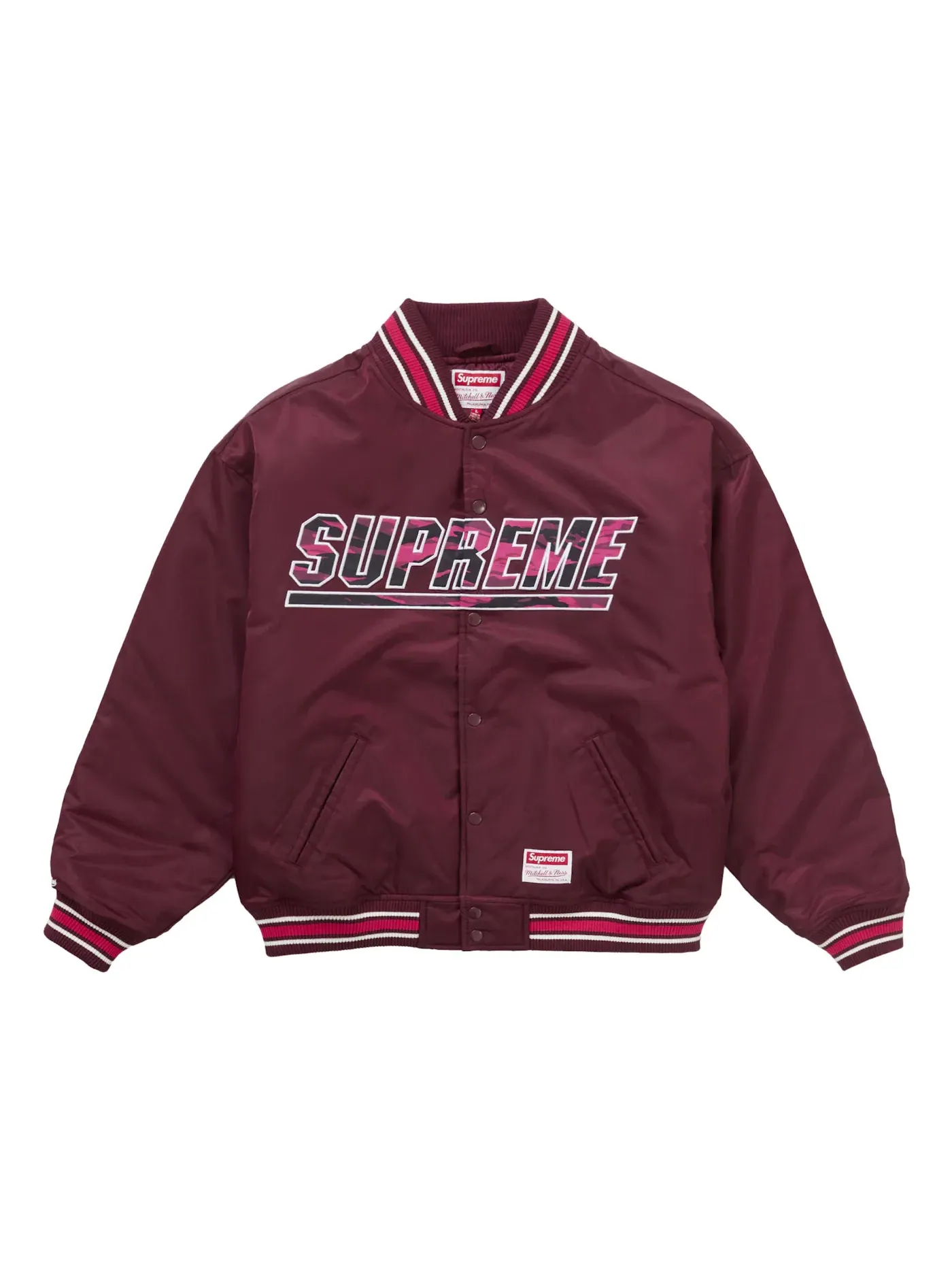 Мужская куртка-бомбер с камуфляжным принтом Supreme Mitchell & Ness Camo Logo Varsity Jacket — изображение 1 из 3, бордовый