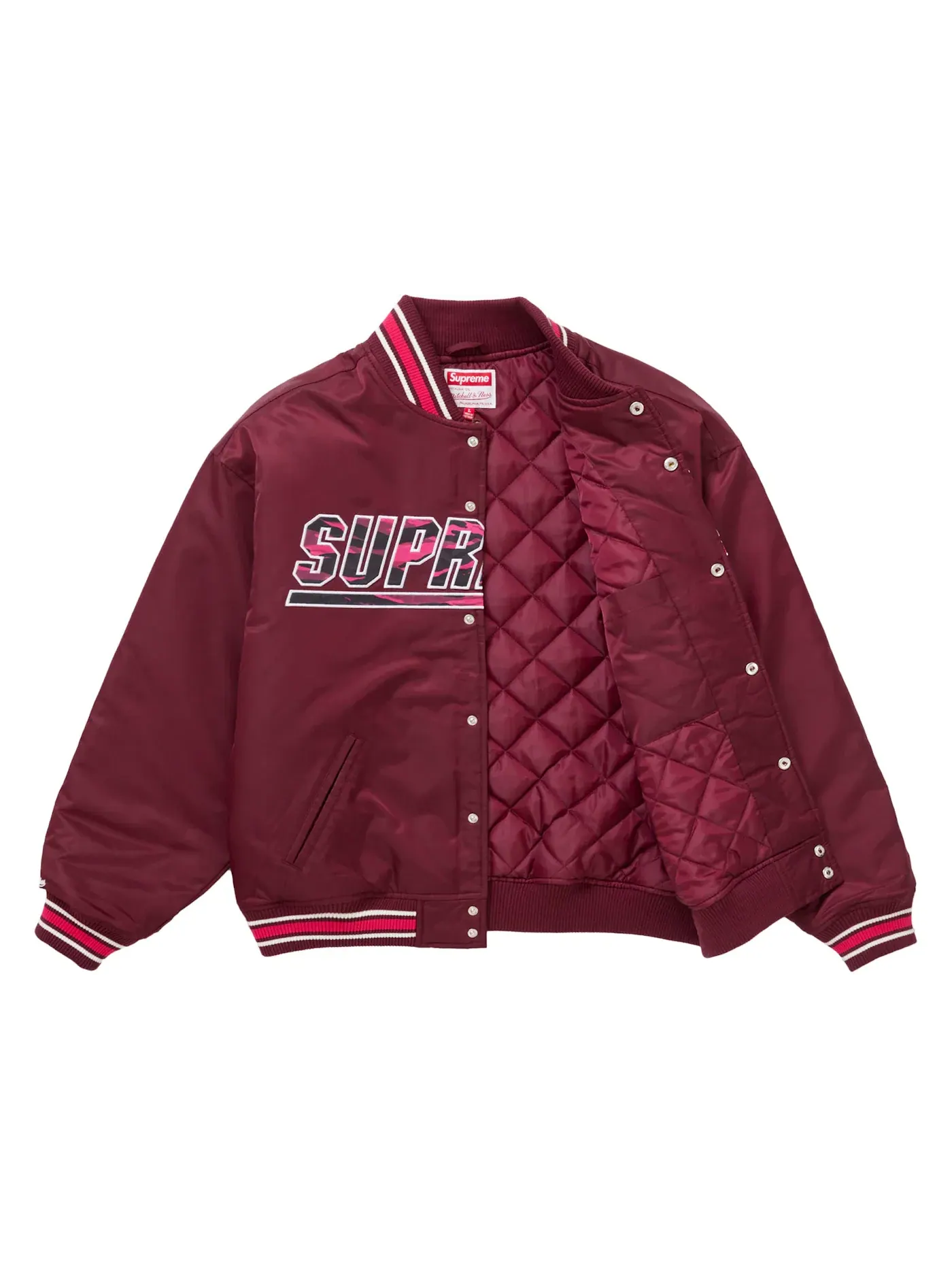 Мужская куртка-бомбер с камуфляжным принтом Supreme Mitchell & Ness Camo Logo Varsity Jacket — изображение 2 из 3, бордовый