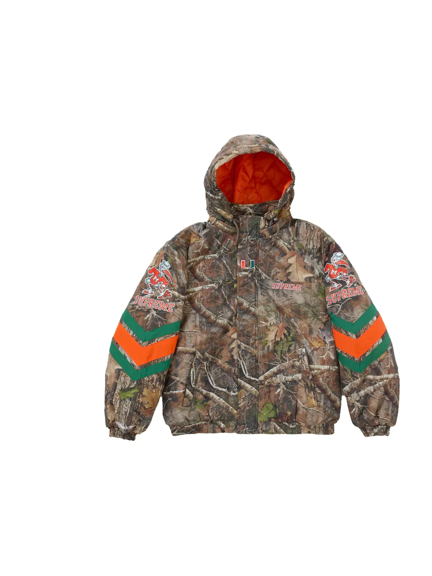 Мужская куртка с капюшоном и принтом Supreme Mitchell & Ness NCAA Hooded Stadium Jacket, Woodland Camo — изображение 1 из 5
