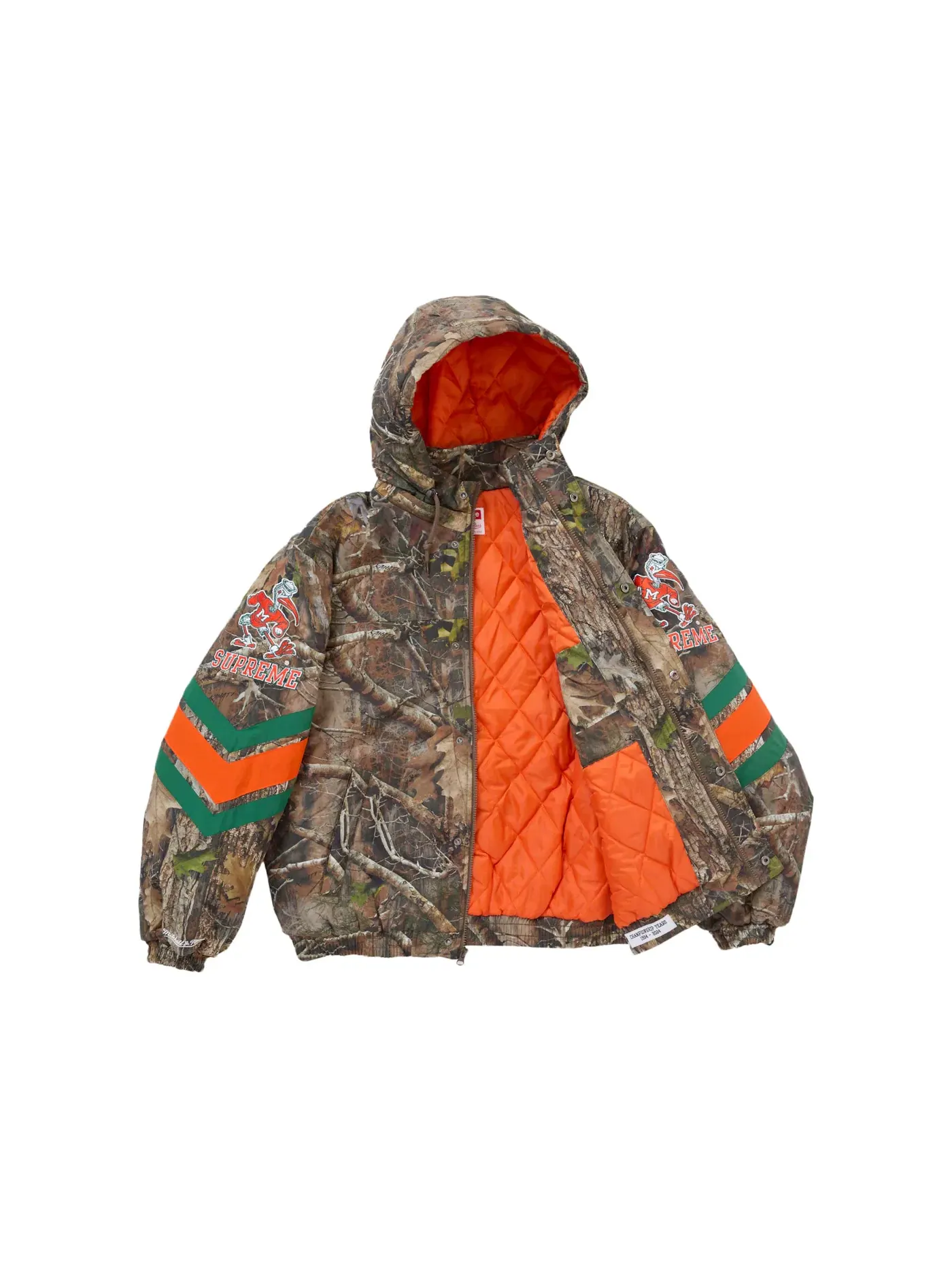 Мужская куртка с капюшоном и принтом Supreme Mitchell & Ness NCAA Hooded Stadium Jacket, Woodland Camo — изображение 2 из 5