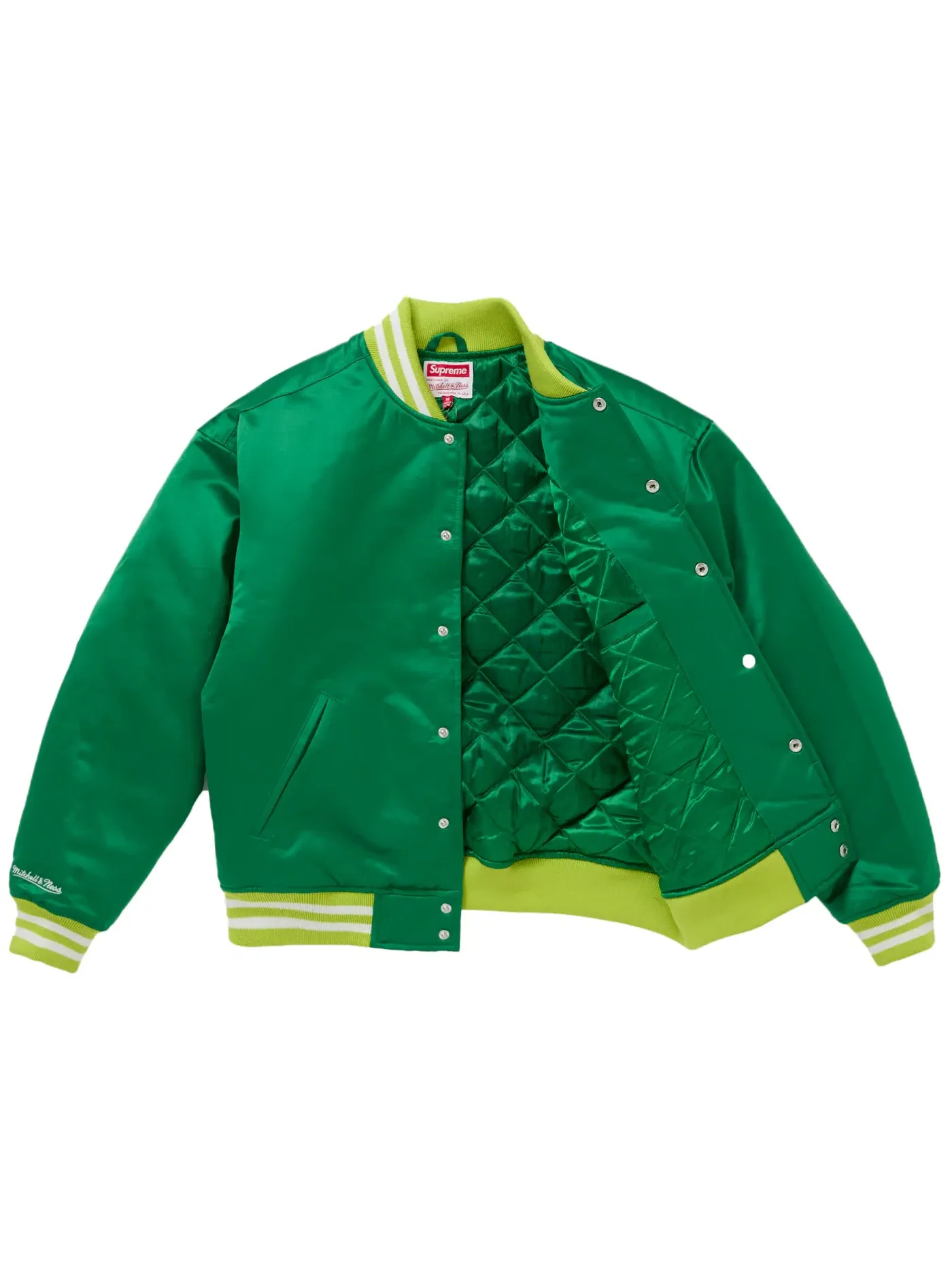 Мужская куртка-бомбер с сатиновой отделкой Supreme Mitchell & Ness Satin Varsity Jacket (FW24) — изображение 2 из 3, зеленый