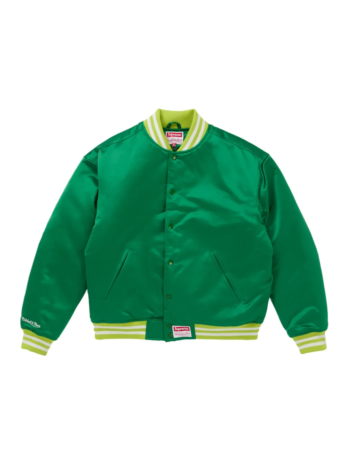 Мужская куртка-бомбер с сатиновой отделкой Supreme Mitchell & Ness Satin Varsity Jacket (FW24) — изображение 3 из 3, зеленый