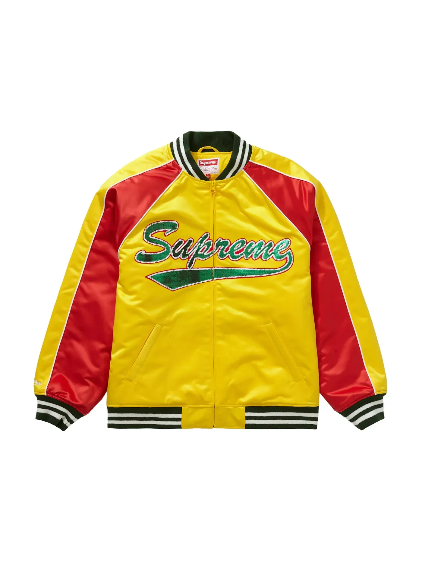 Мужская куртка-бомбер с пайетками Supreme Mitchell & Ness Sequin Logo Varsity Jacket — изображение 1 из 3, золото