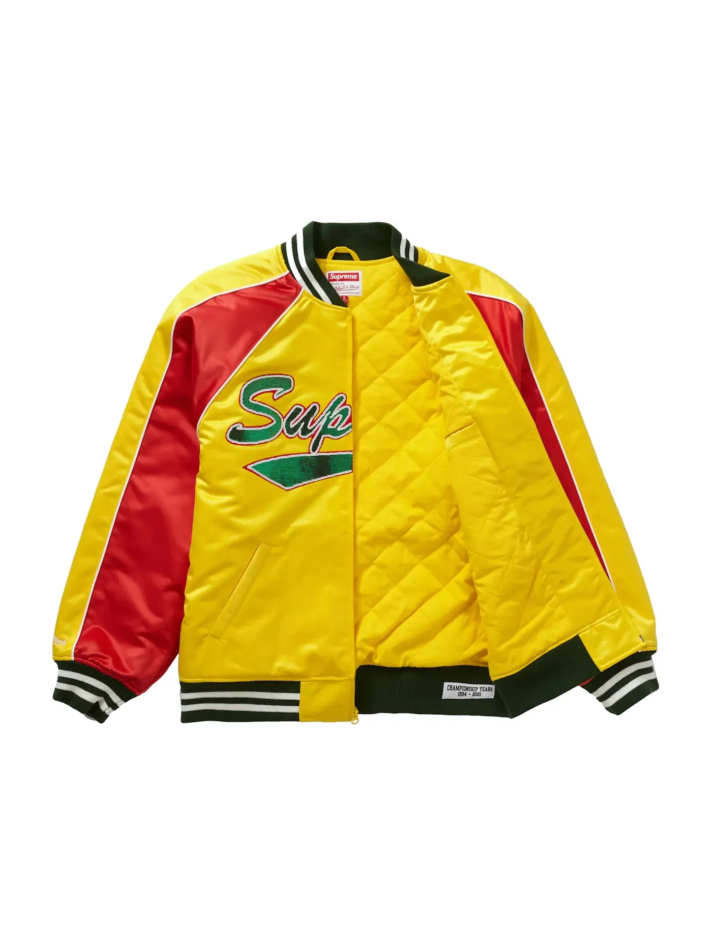 Мужская куртка-бомбер с пайетками Supreme Mitchell & Ness Sequin Logo Varsity Jacket — изображение 2 из 3, золото