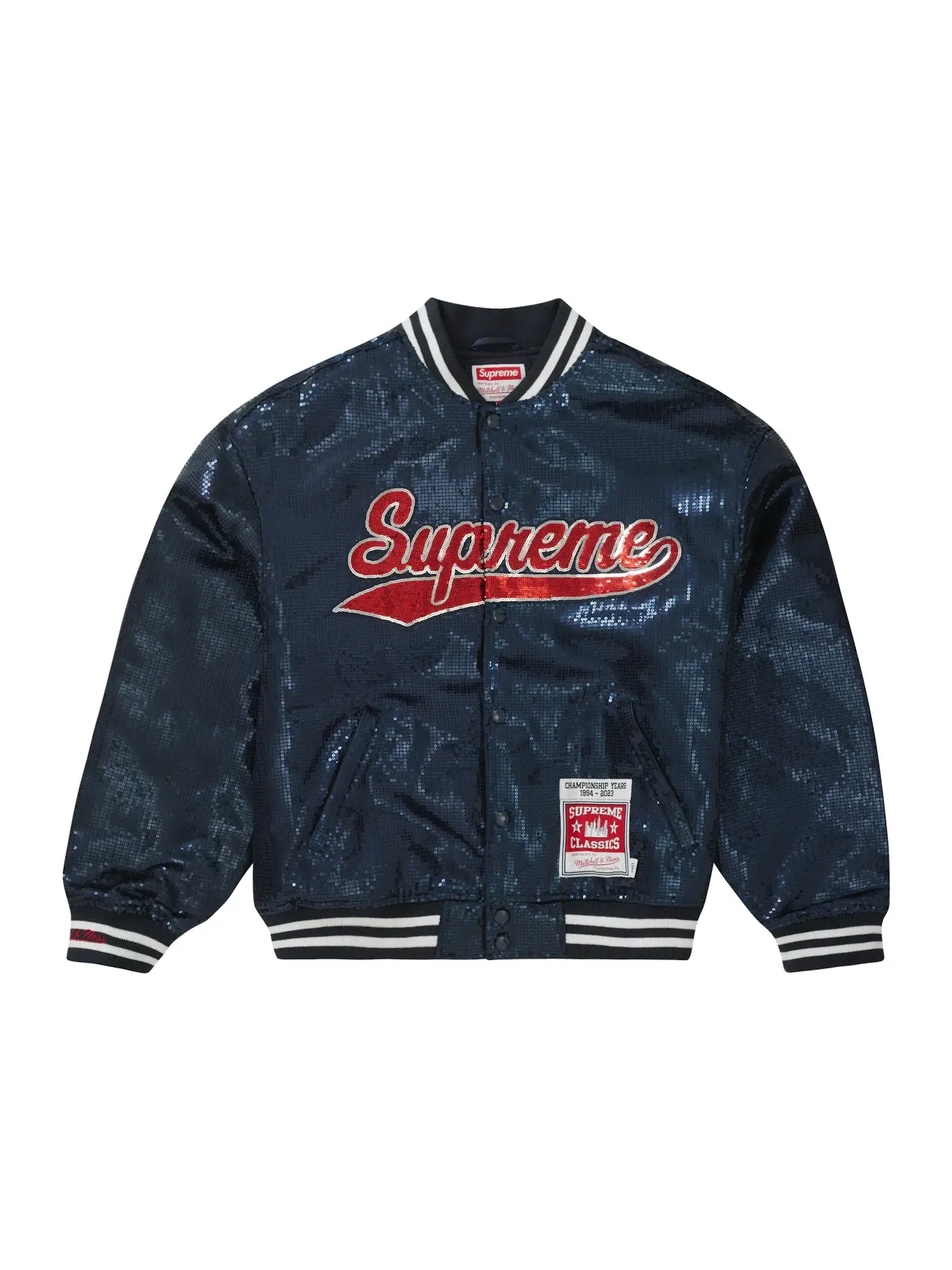 Мужская куртка-бомбер с пайетками Mitchell & Ness Supreme — изображение 1 из 3, темно-синий