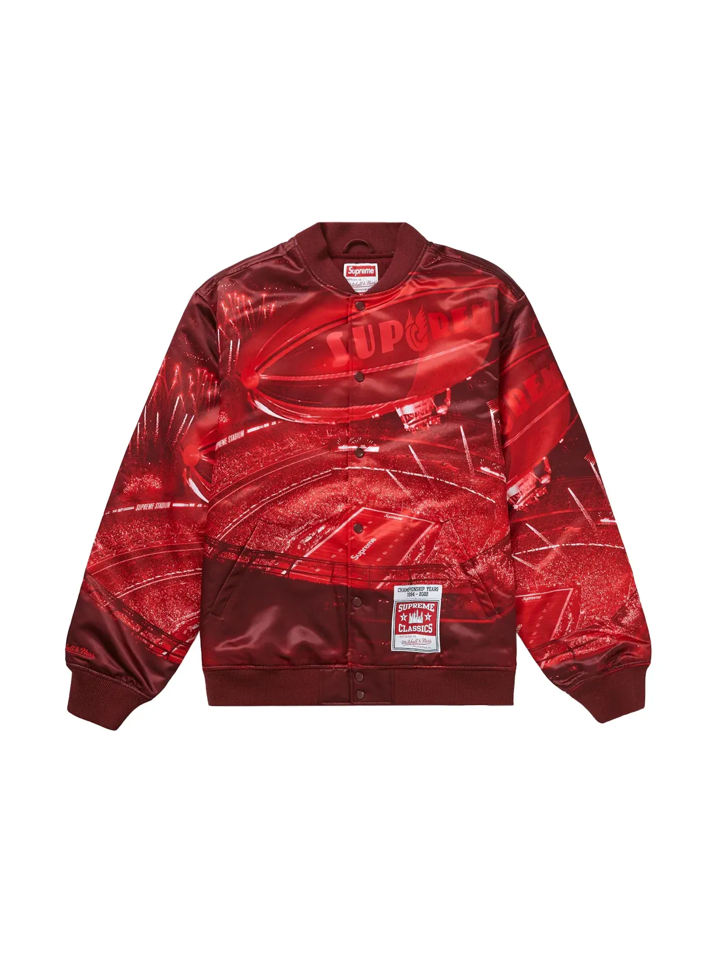 Мужская куртка-бомбер из сатина с принтом Supreme Mitchell & Ness Stadium Satin — изображение 1 из 3, красный