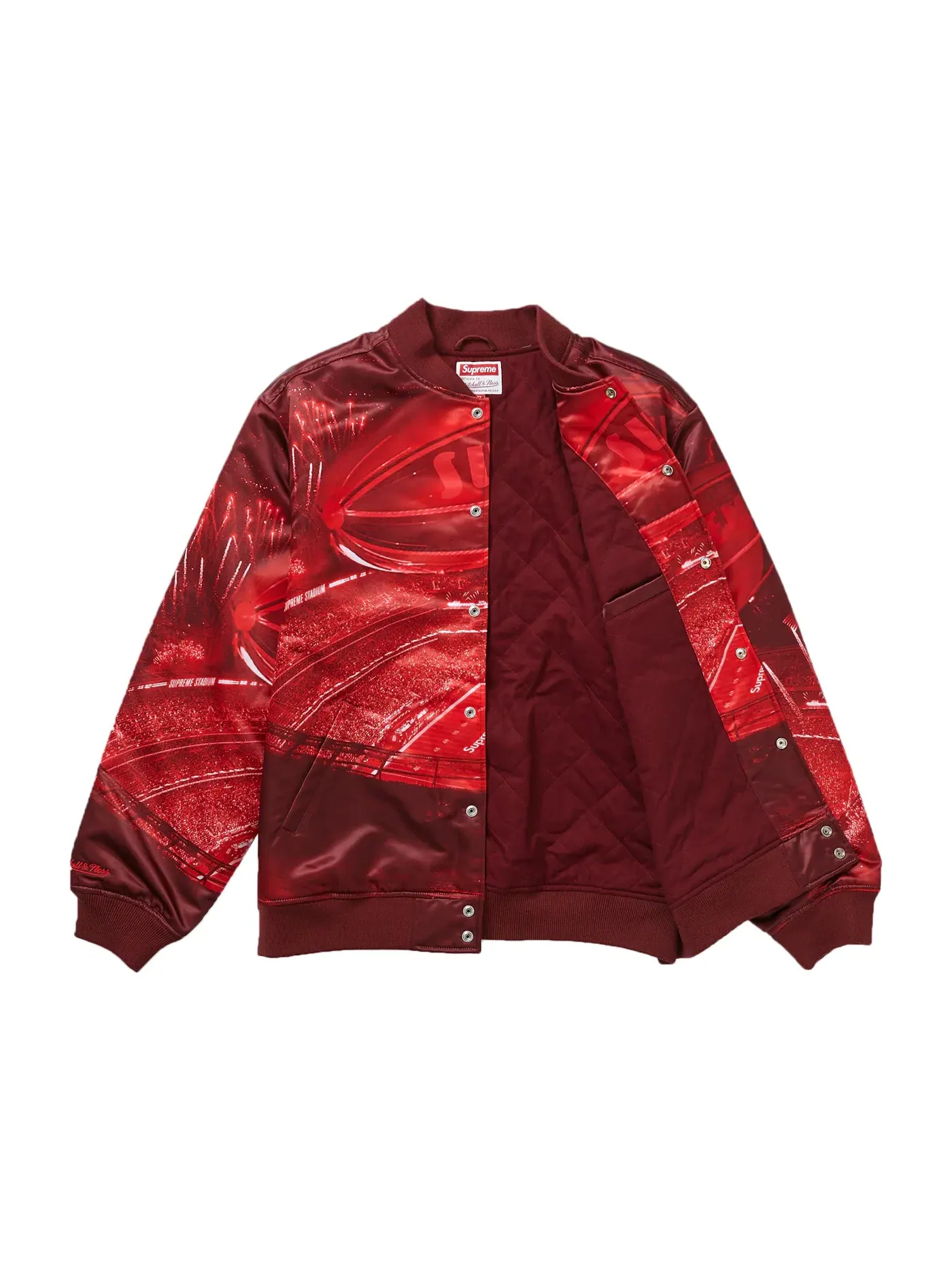Мужская куртка-бомбер из сатина с принтом Supreme Mitchell & Ness Stadium Satin — изображение 2 из 3, красный