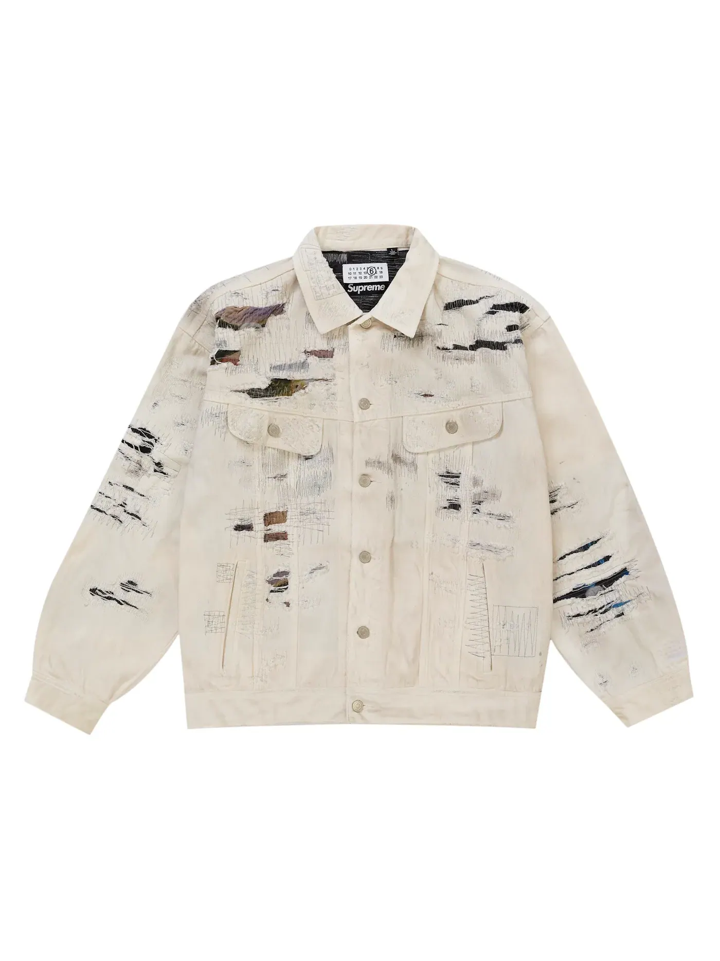 Мужская джинсовая куртка-тракер с потертостями Selvedge Denim Supreme MM6 Maison Margiela — изображение 1 из 2, белый