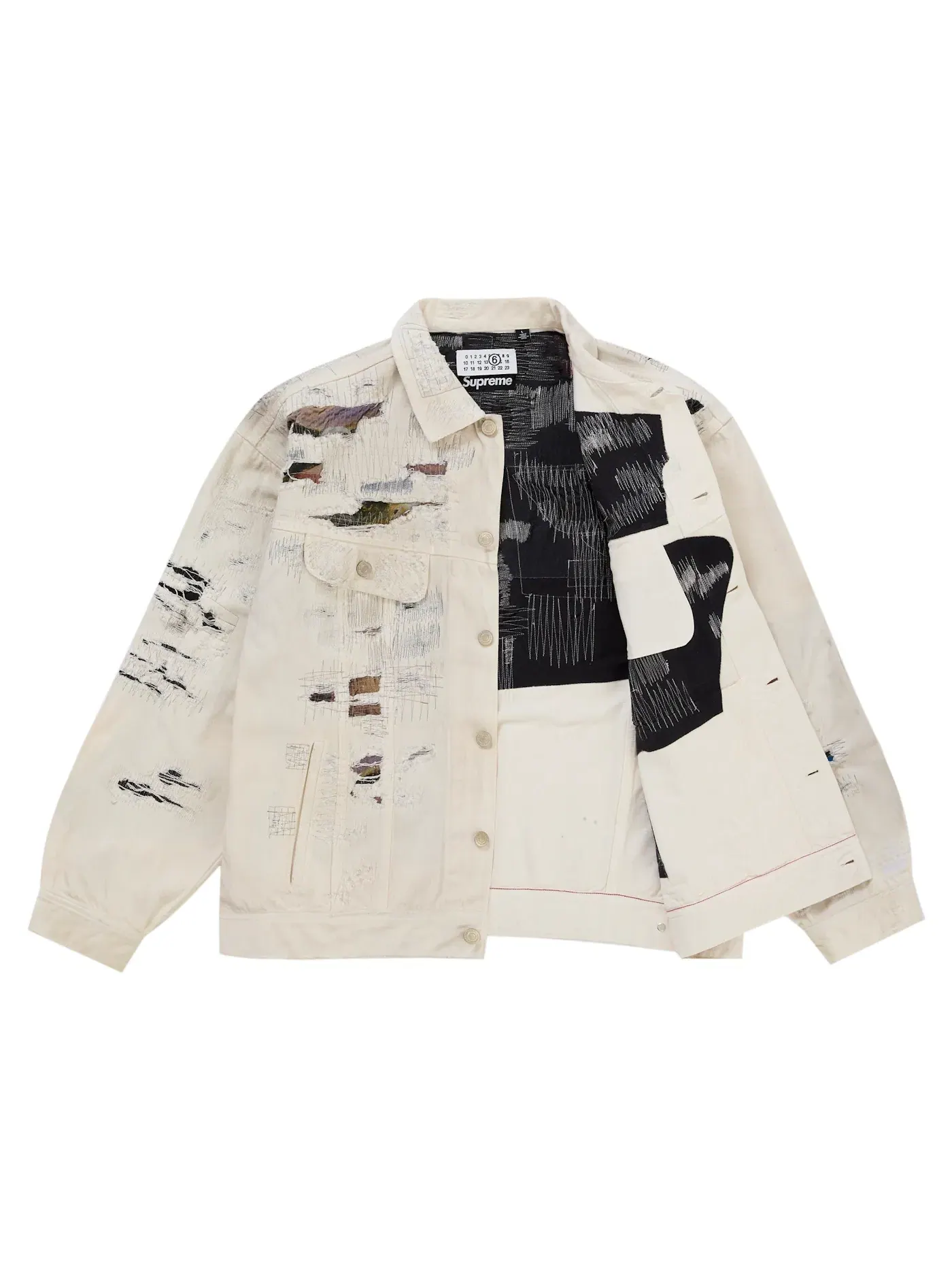 Мужская джинсовая куртка-тракер с потертостями Selvedge Denim Supreme MM6 Maison Margiela — изображение 2 из 2, белый