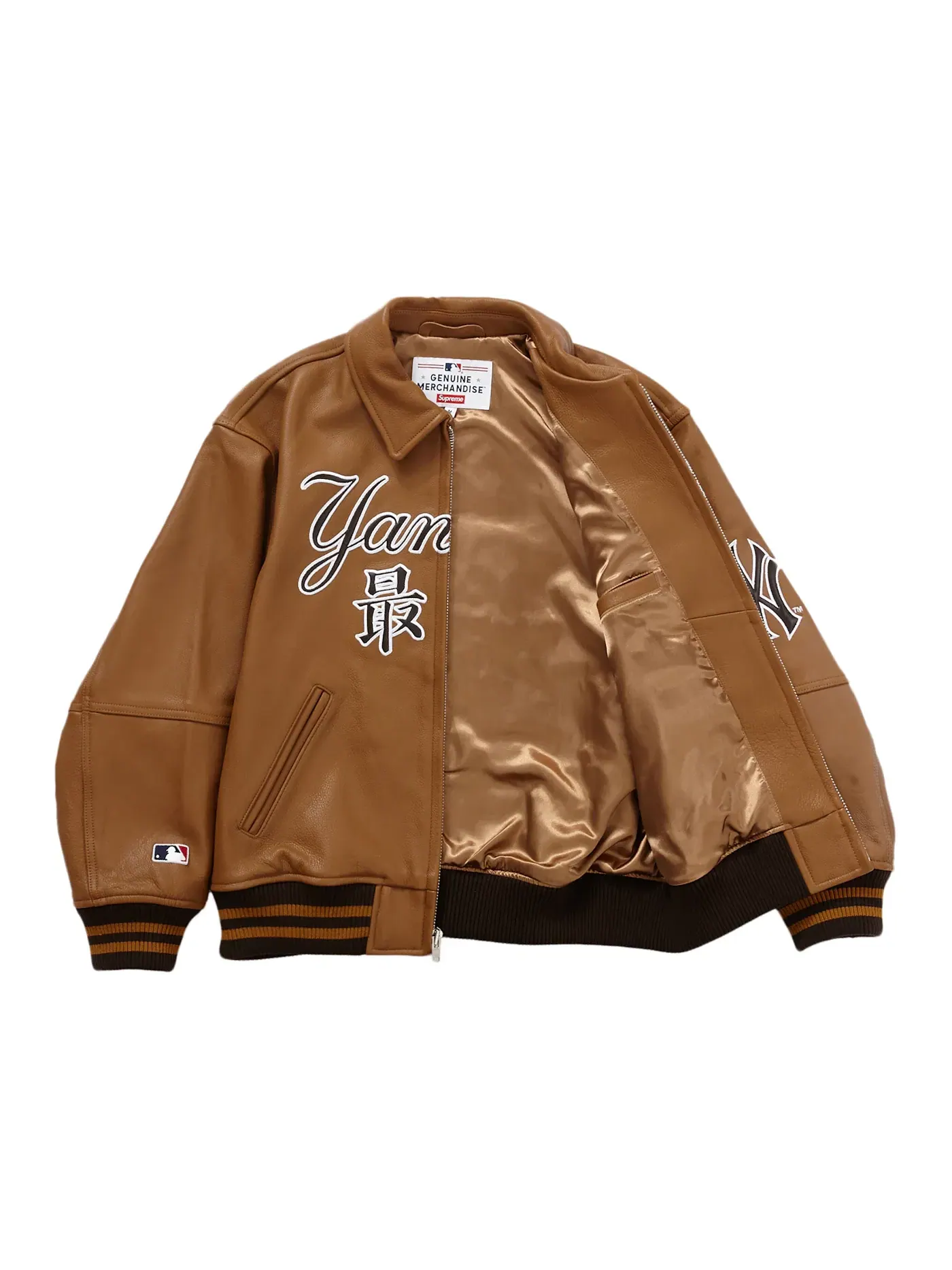 Мужская кожаная куртка-бомбер с кандзи Supreme New York Yankees — изображение 2 из 3, коричневый