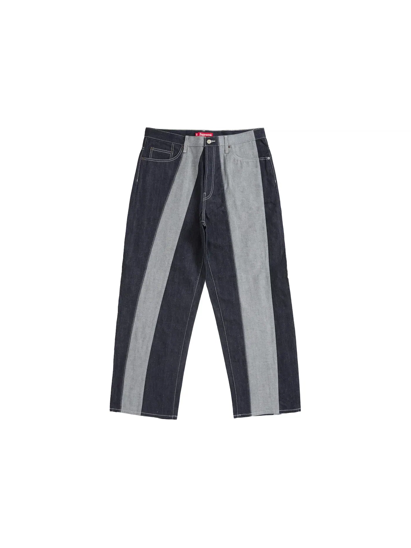 Мужские джинсы с панельным принтом Supreme Paneled Stripe Baggy Jean — изображение 1 из 2, индиго