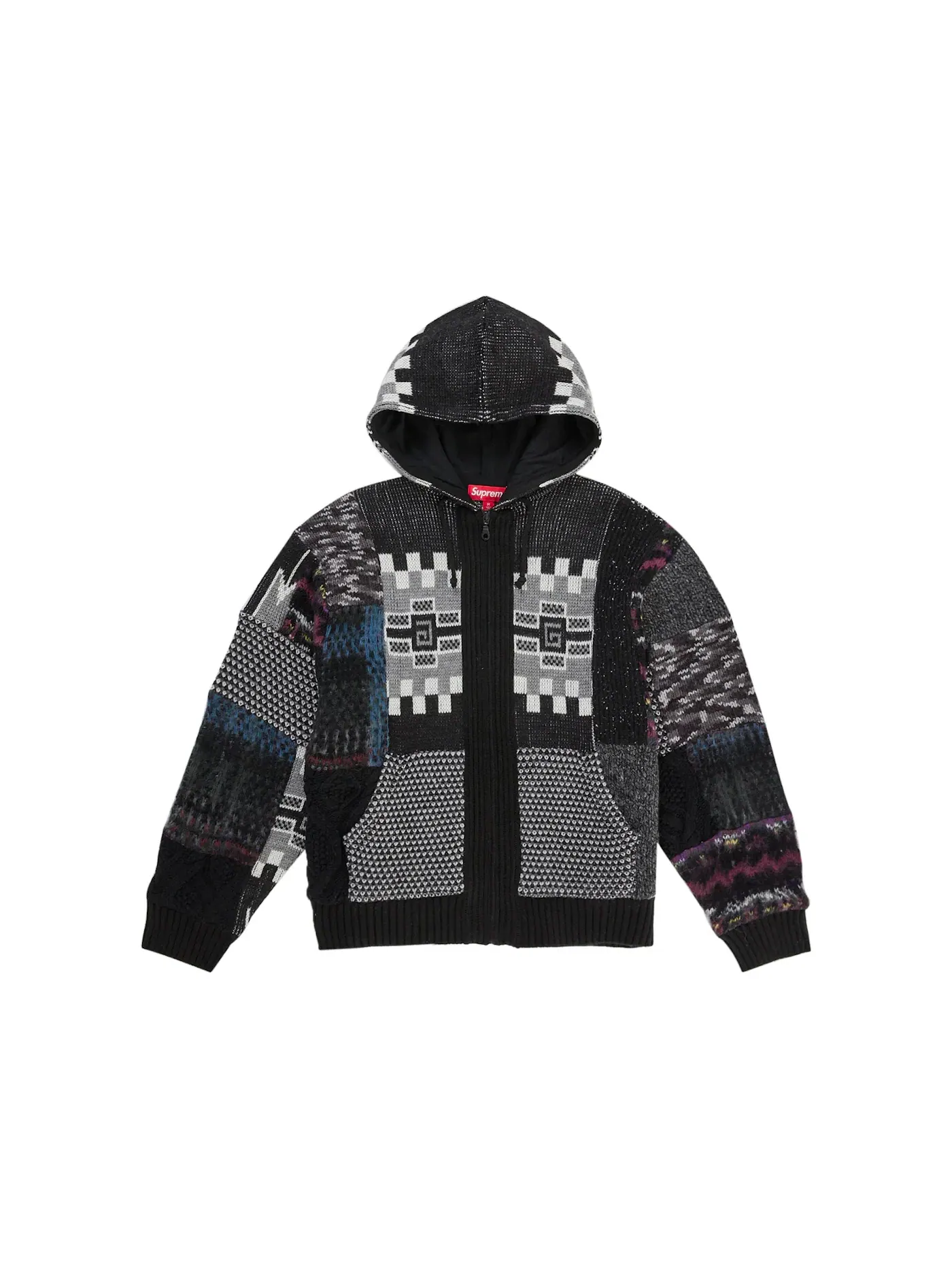 Мужской свитер с принтом Supreme Patchwork Zip Up Hooded Sweater — изображение 1 из 2, черный