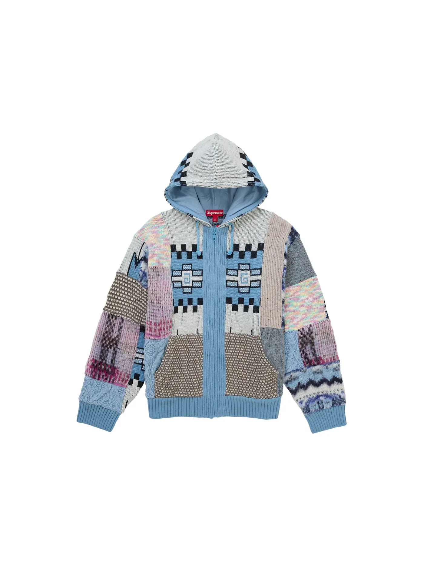 Мужской свитшот с принтом Supreme Patchwork Zip Up Hooded Sweater — изображение 1 из 2, светлый синий