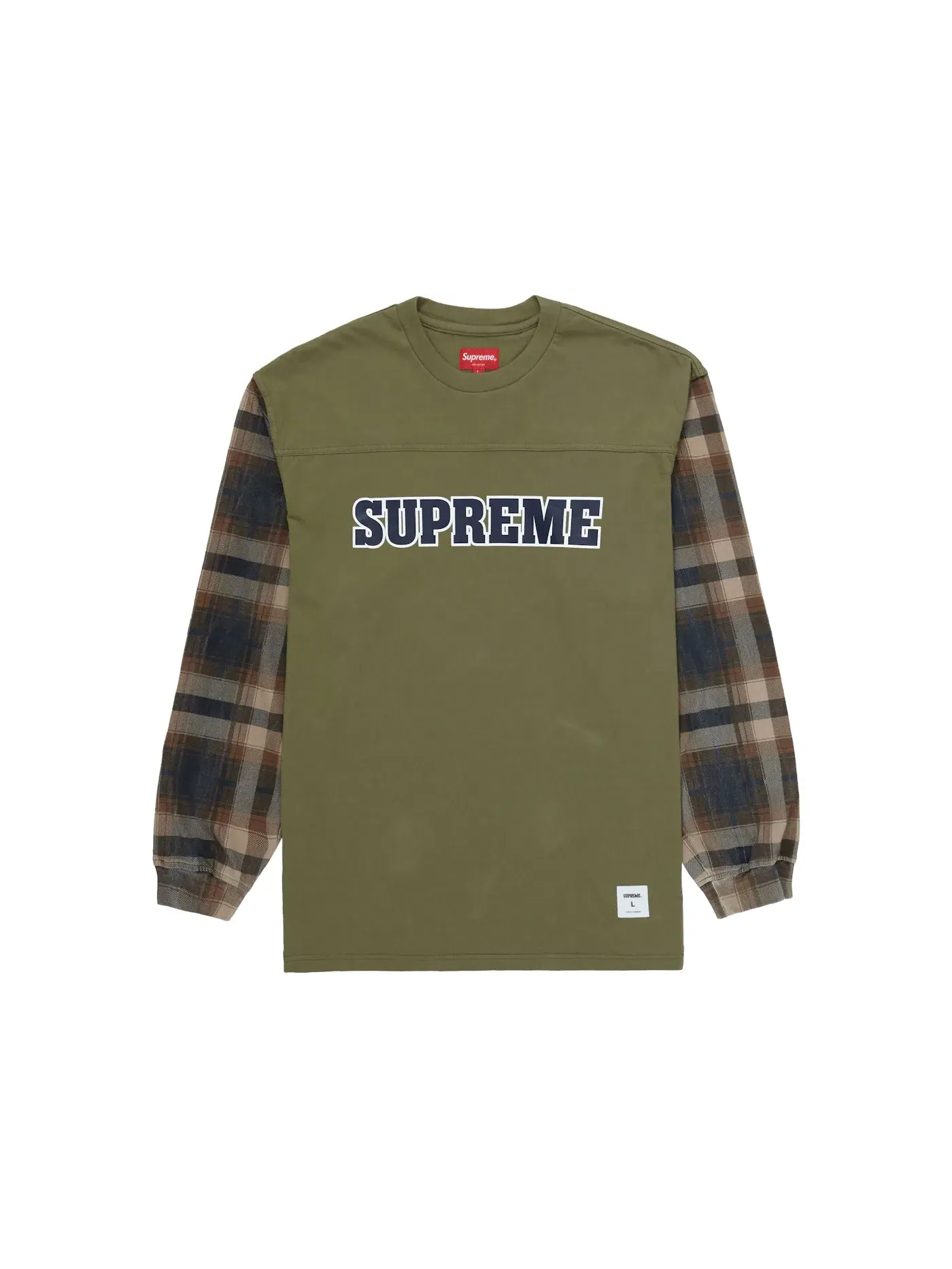 Мужская футболка с длинным рукавом с клетчатым рукавом Supreme Tee — изображение 1 из 1, светлый оливковый