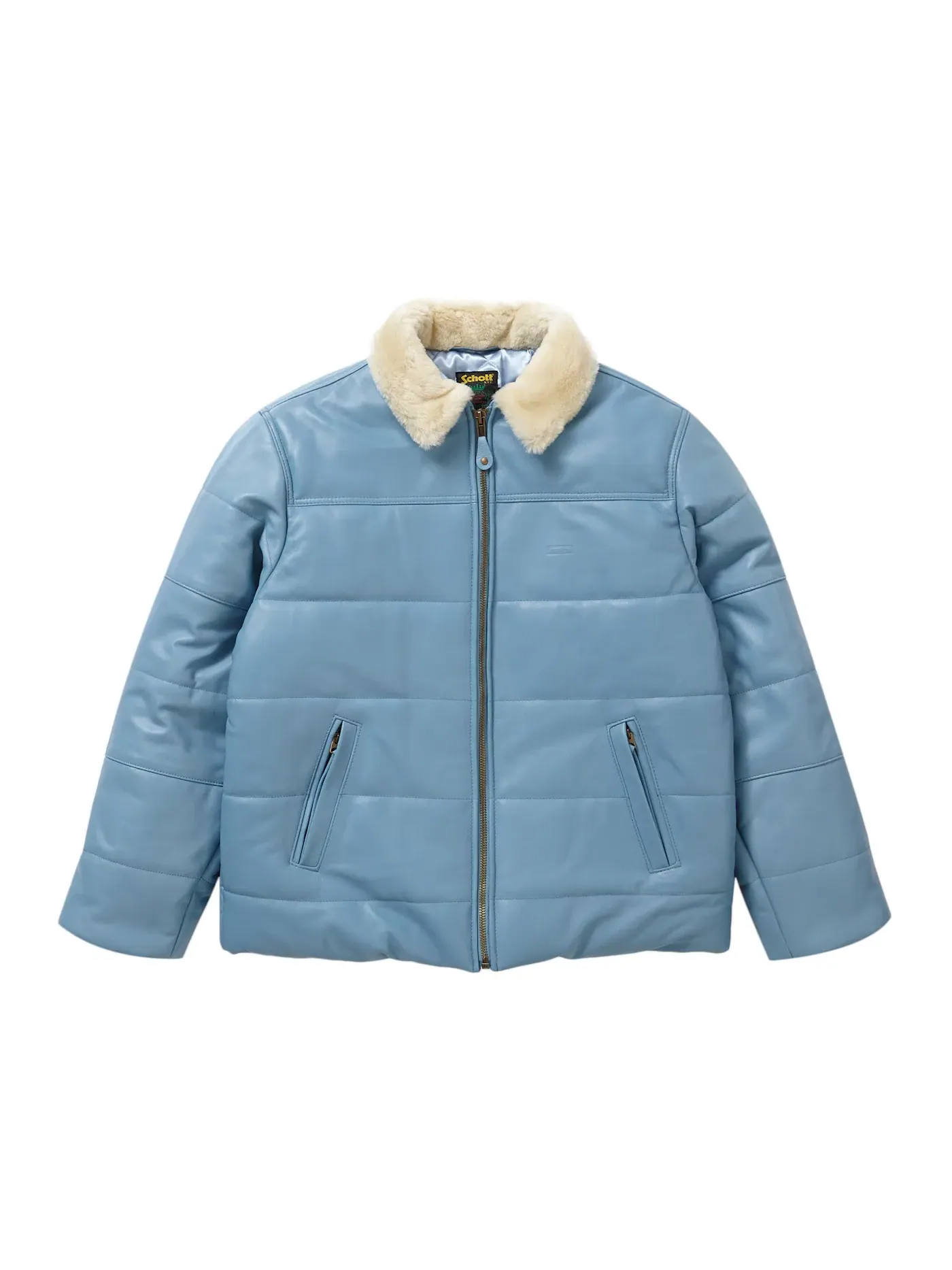 Мужская куртка с длинным рукавом Supreme Schott Shearling Collar Leather Puffy Jacket — изображение 1 из 3, светлый синий