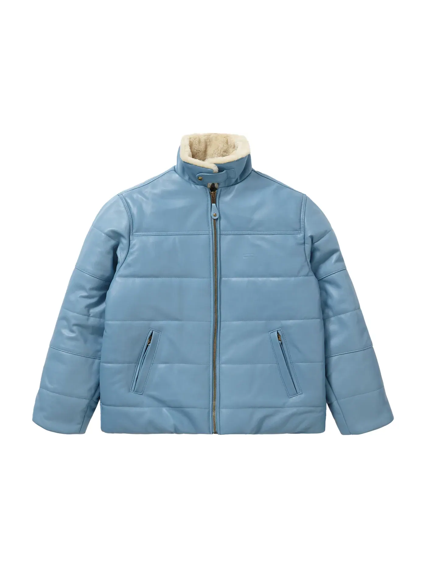 Мужская куртка с длинным рукавом Supreme Schott Shearling Collar Leather Puffy Jacket — изображение 2 из 3, светлый синий
